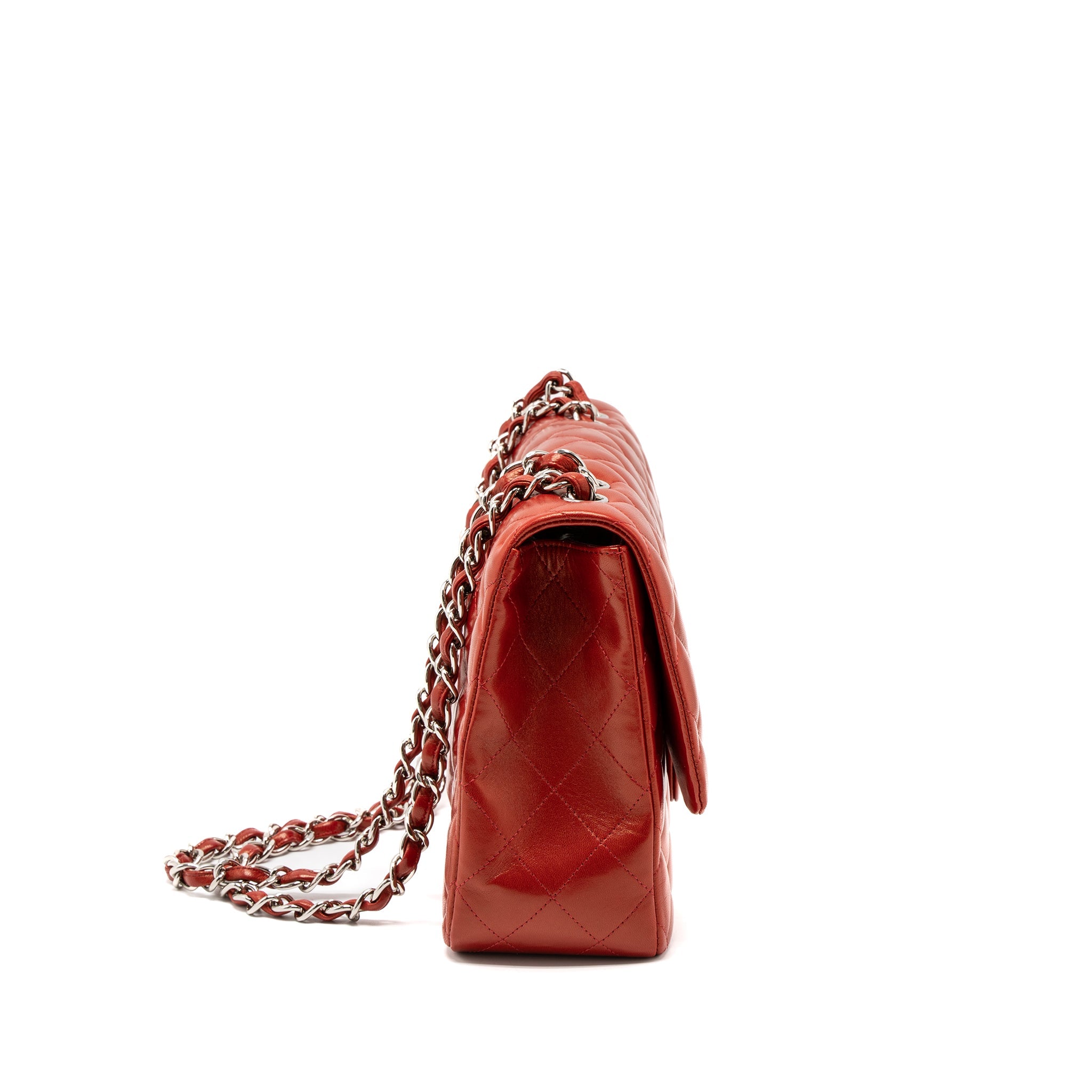 CHANEL JUMBO CLASSIC SINGLE FLAP BAG LAMBSKIN RED SHW