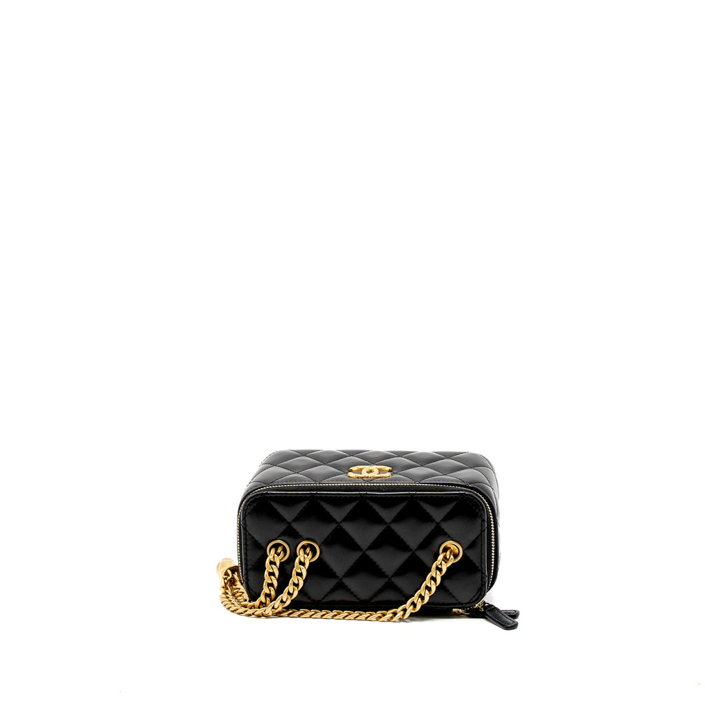 CHANEL 22K GOLD PILLAR ADJUSTABLE CHAIN LONG VANITY LAMBSKIN BLACK BRUSHED GHW(MICROCHIP)
