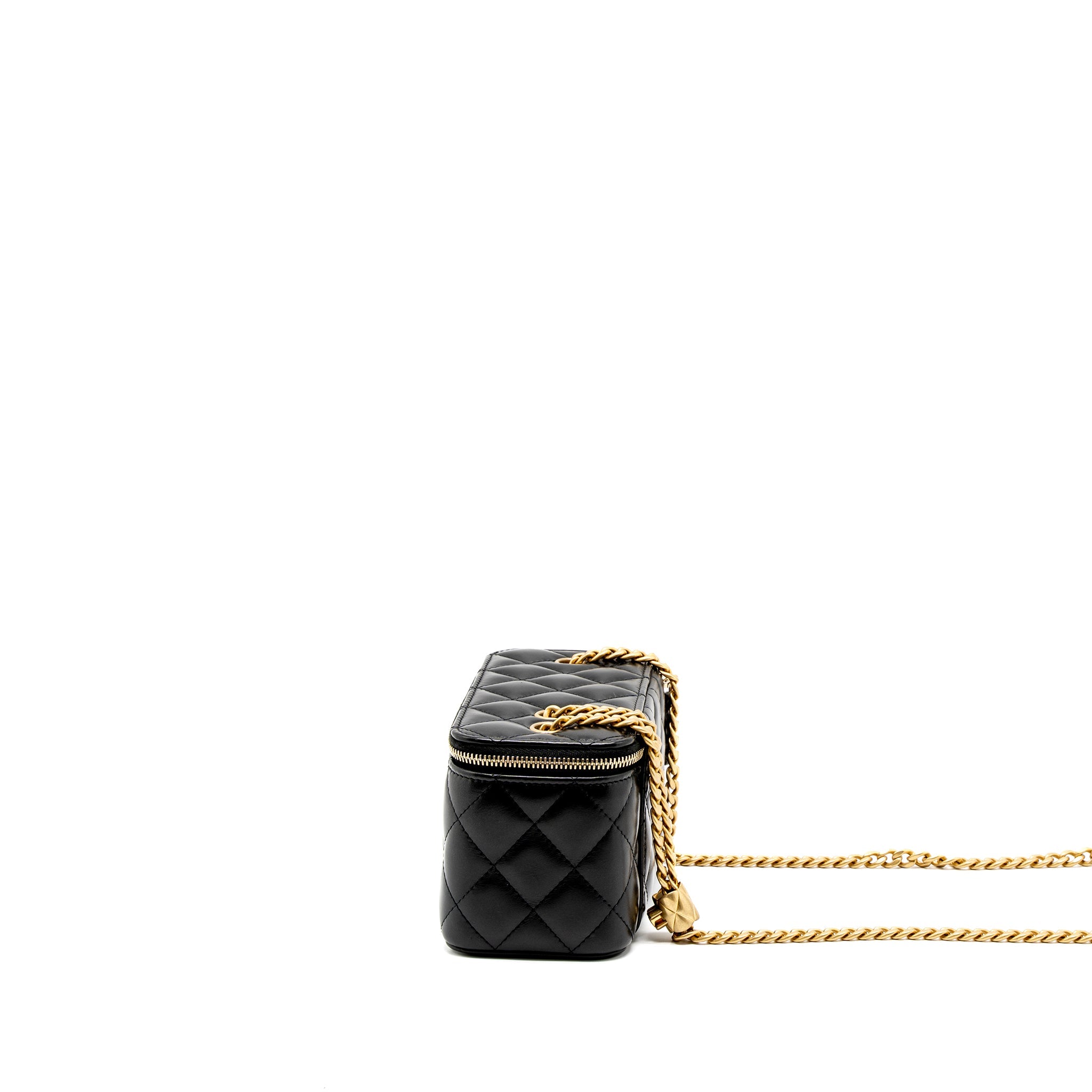 CHANEL 22K GOLD PILLAR ADJUSTABLE CHAIN LONG VANITY LAMBSKIN BLACK BRUSHED GHW(MICROCHIP)