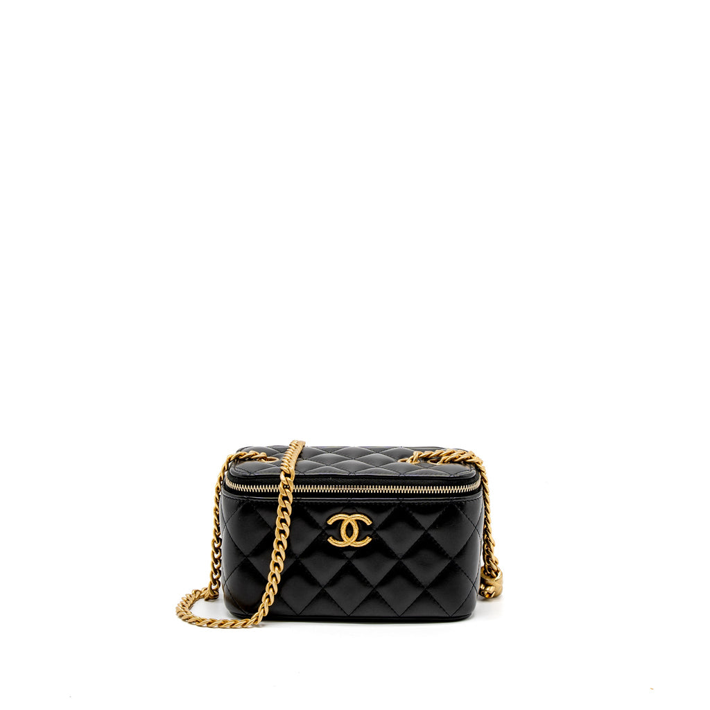 CHANEL 22K GOLD PILLAR ADJUSTABLE CHAIN LONG VANITY LAMBSKIN BLACK BRUSHED GHW(MICROCHIP)