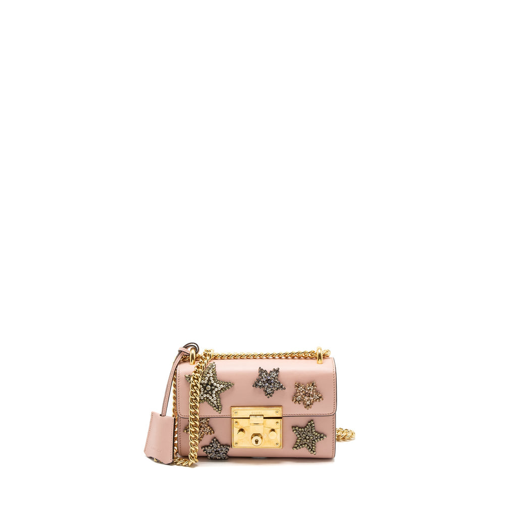 GUCCI PADLOCK CHAIN BAG CRYSTAL STAR LIMITED CALFSKIN PINK GHW