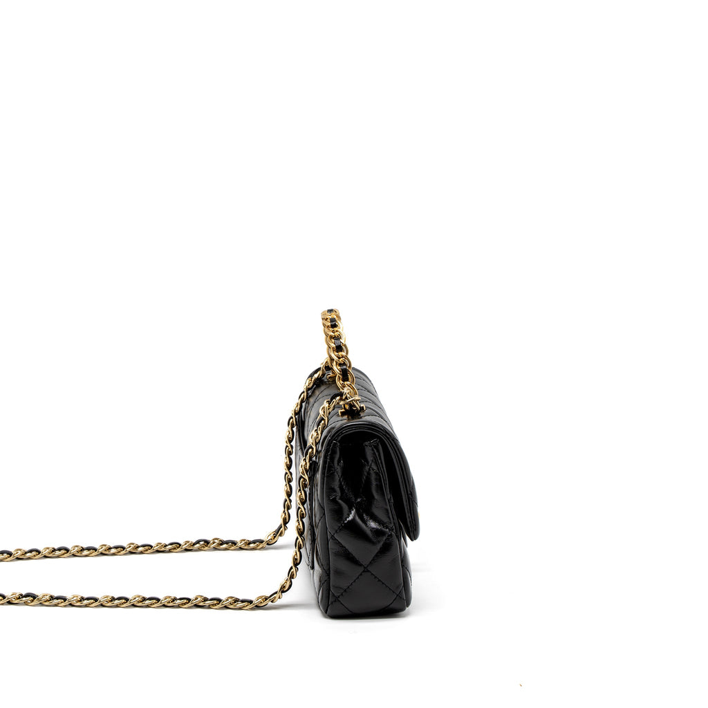 CHANEL 23S DETAIL TOP HANDLE MINI RECTANGULAR FLAP BAG SHINY LAMBSKIN BLACK GHW (MICROCHIP)