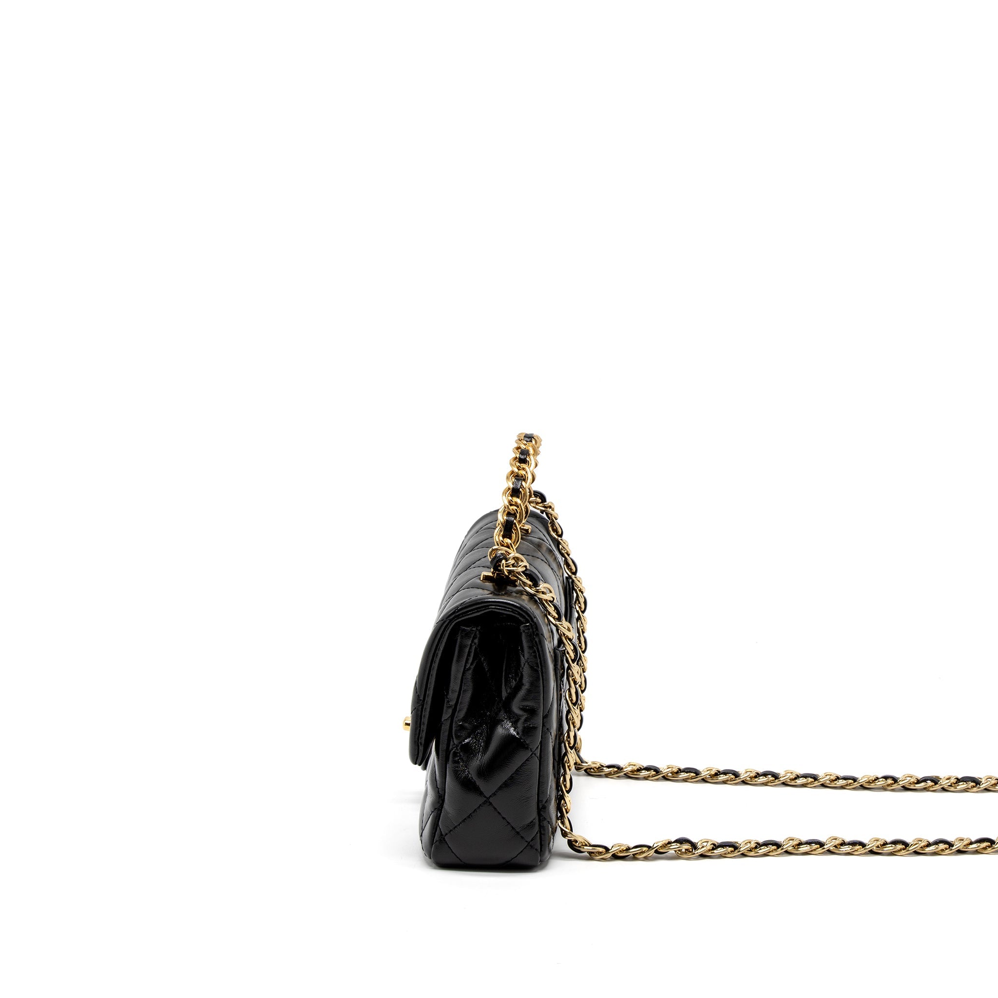 CHANEL 23S DETAIL TOP HANDLE MINI RECTANGULAR FLAP BAG SHINY LAMBSKIN BLACK GHW (MICROCHIP)