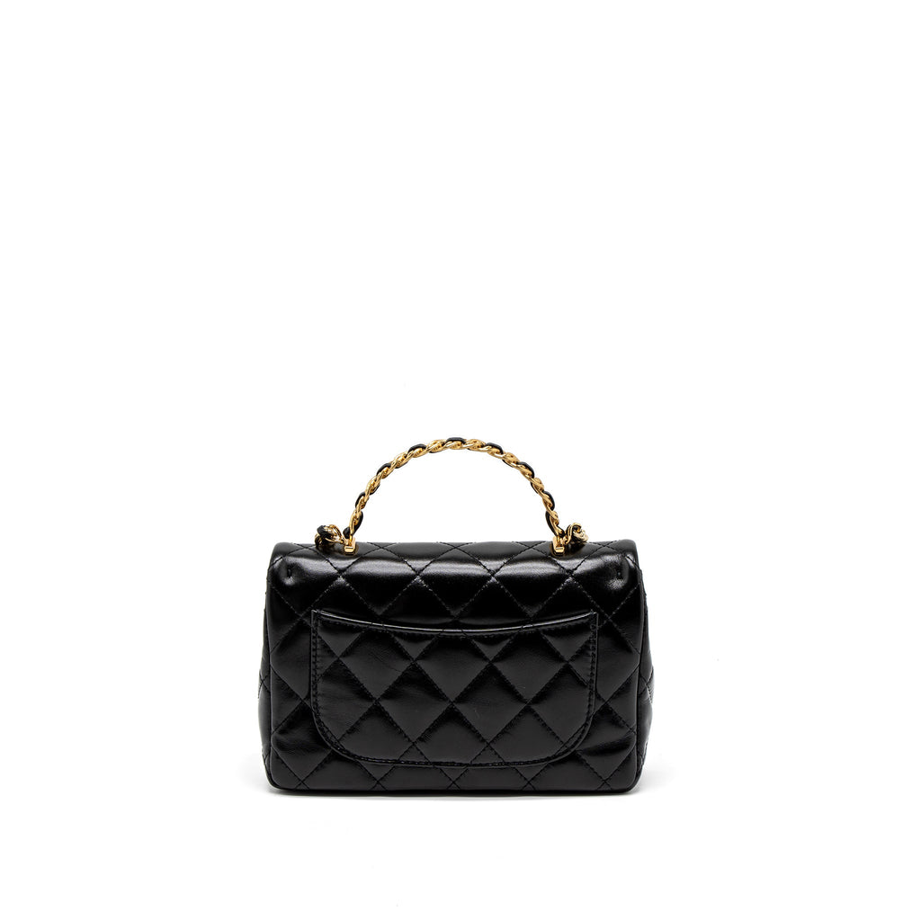 CHANEL 23S DETAIL TOP HANDLE MINI RECTANGULAR FLAP BAG SHINY LAMBSKIN BLACK GHW (MICROCHIP)