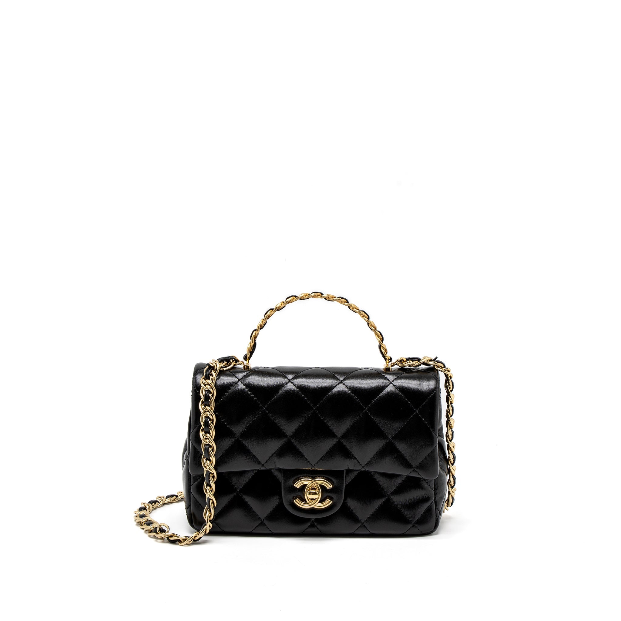 CHANEL 23S DETAIL TOP HANDLE MINI RECTANGULAR FLAP BAG SHINY LAMBSKIN BLACK GHW (MICROCHIP)