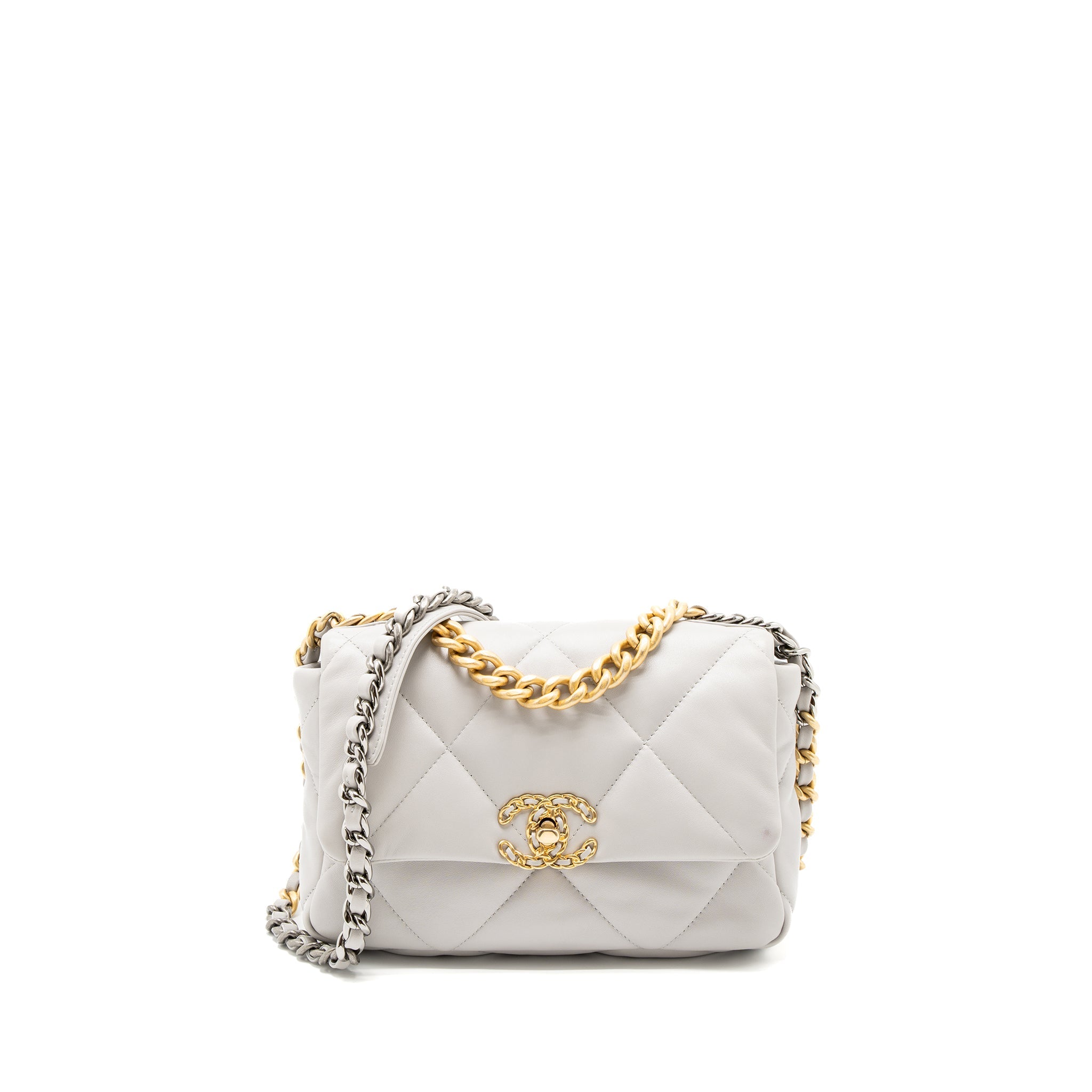 CHANEL SMALL 19 BAG LAMBSKIN LIGHT GREY MULTICOLOUR HARDWARE (MICROCHIP)