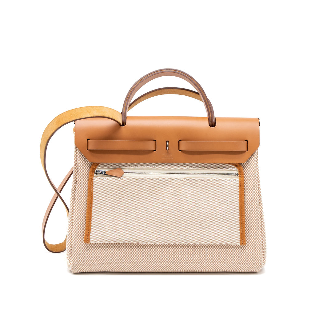 HERMES HERBAG 31 ZIP BAG CANVAS/CACHE HUNTER ECRU/BEIGE GHW