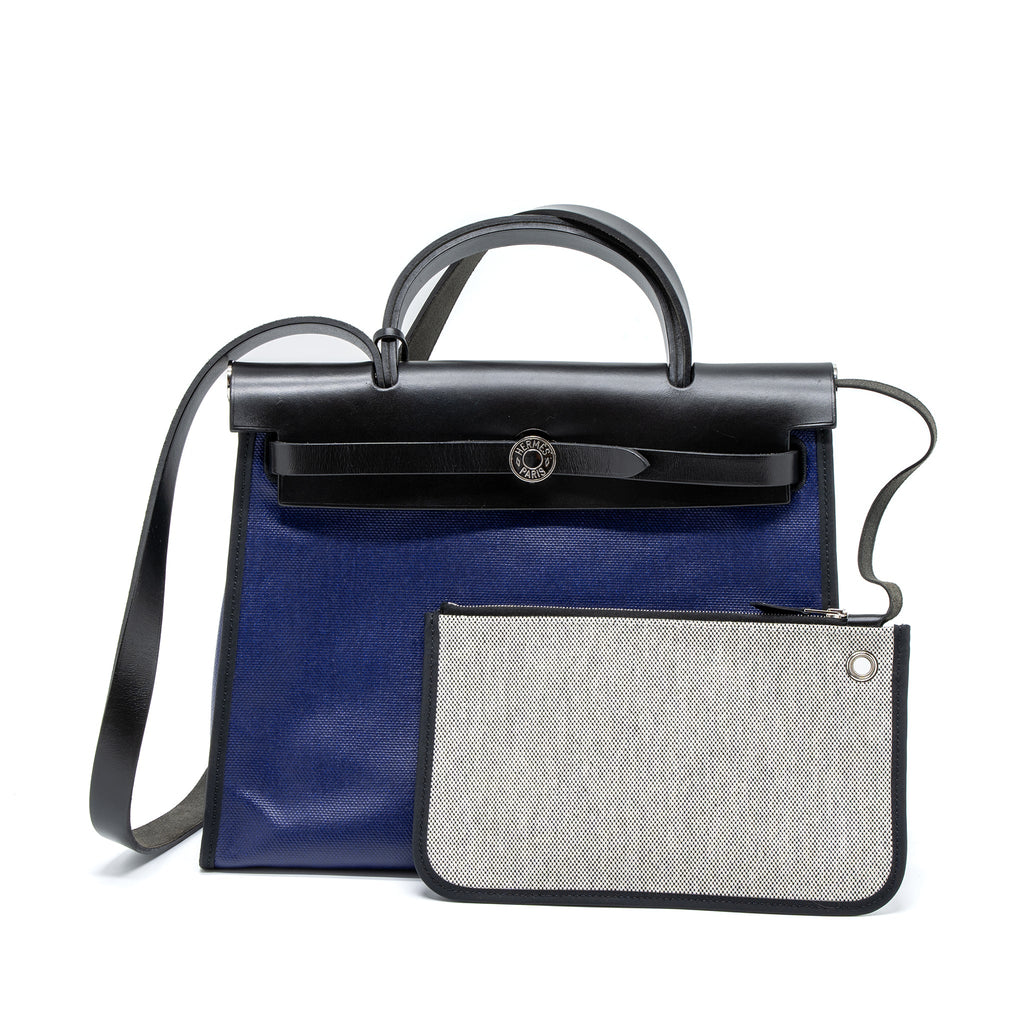 HERMES HERBAG 31 ZIP BAG TOLIE H BERLINE CANVAS/VACHE HUNTER BLUE ENCRE/BLACK SHW