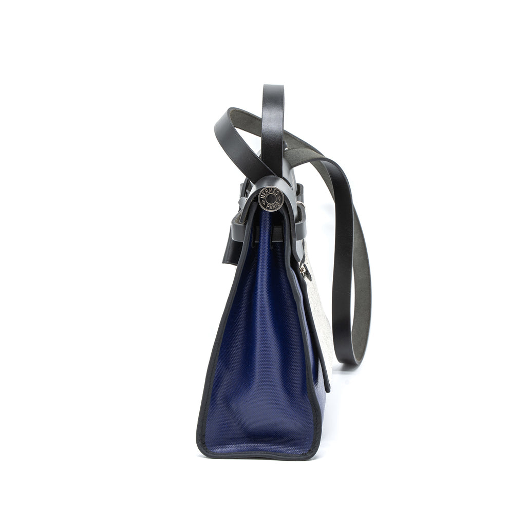 HERMES HERBAG 31 ZIP BAG TOLIE H BERLINE CANVAS/VACHE HUNTER BLUE ENCRE/BLACK SHW