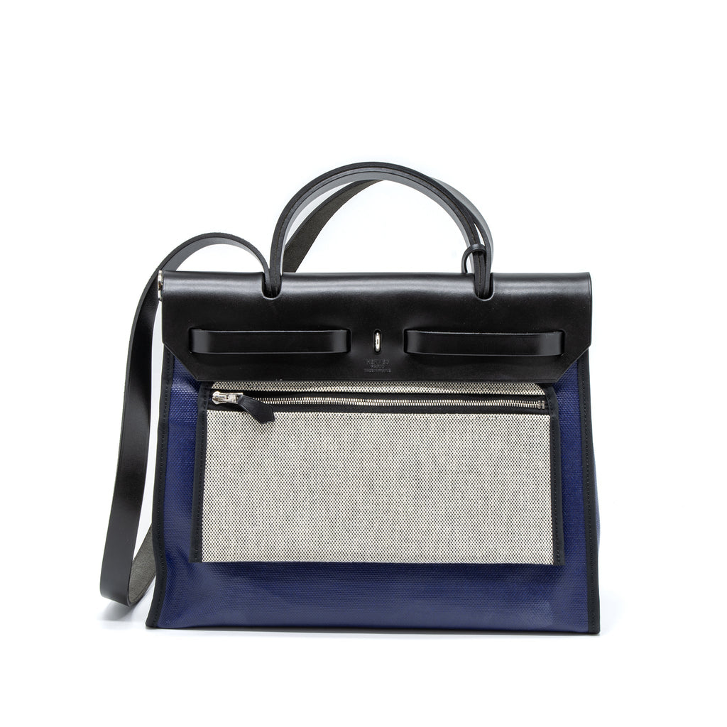 HERMES HERBAG 31 ZIP BAG TOLIE H BERLINE CANVAS/VACHE HUNTER BLUE ENCRE/BLACK SHW