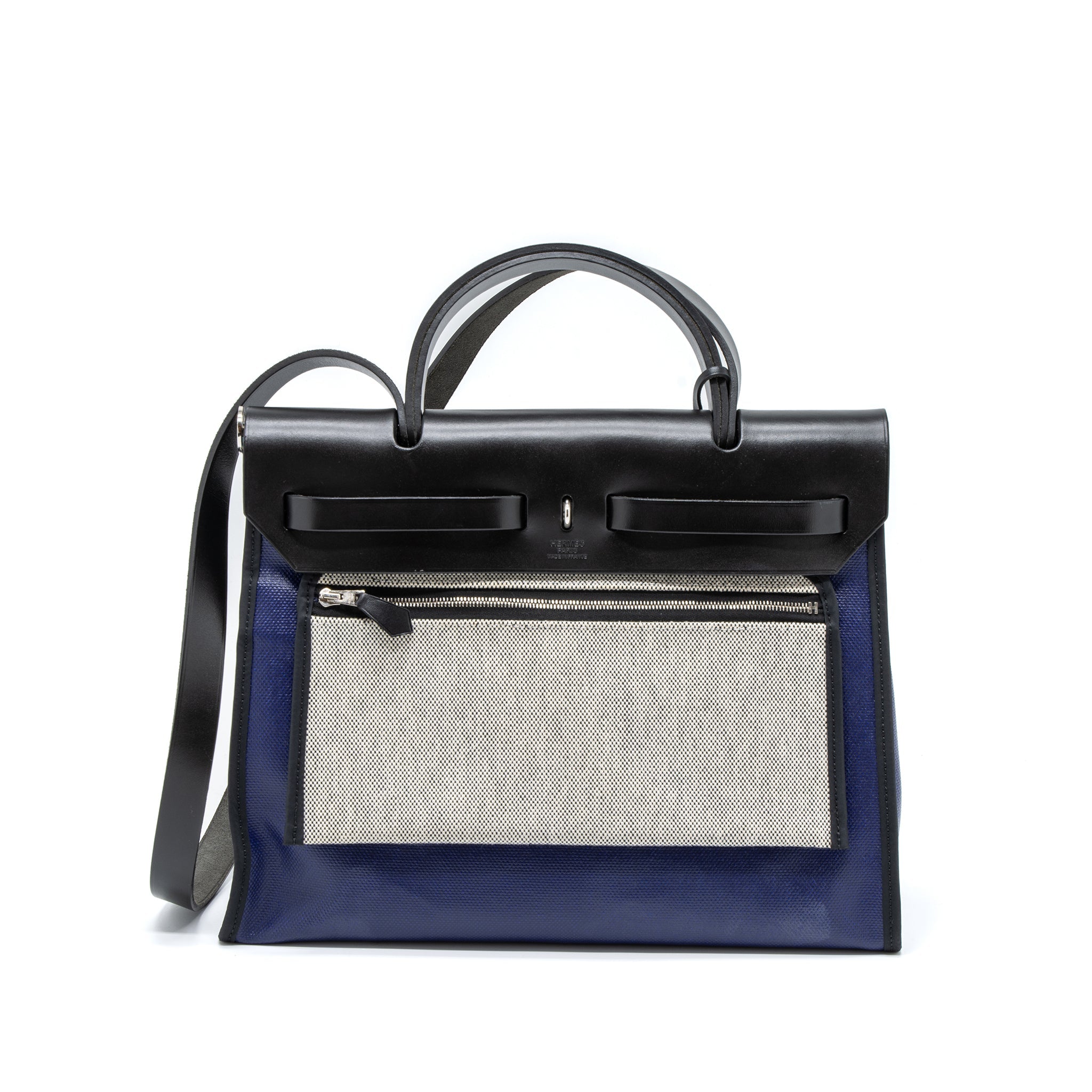 HERMES HERBAG 31 ZIP BAG TOLIE H BERLINE CANVAS/VACHE HUNTER BLUE ENCRE/BLACK SHW