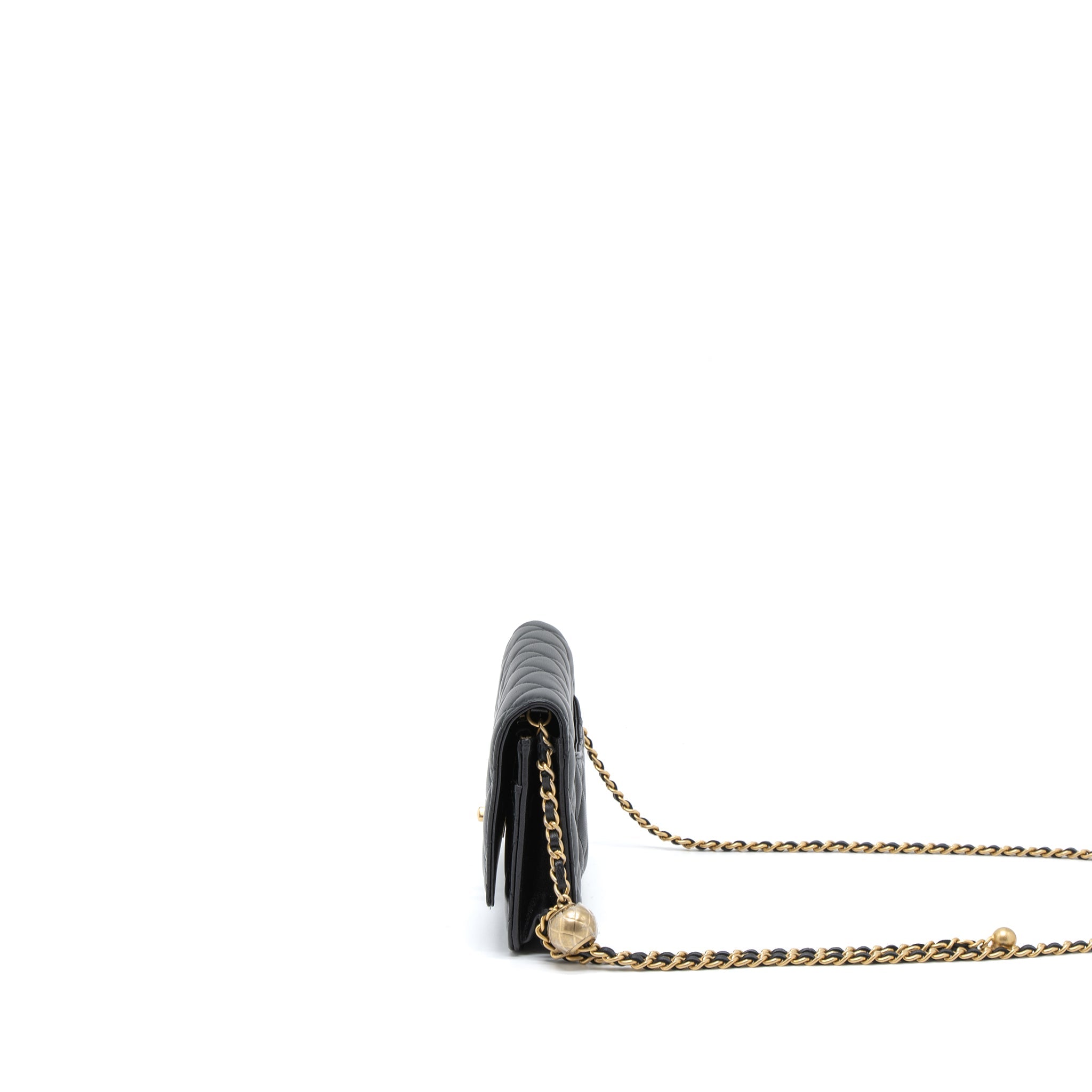 CHANEL PEARL CRUSH WALLET ON CHAIN LAMBSKIN BLACK BRUSHED GHW (MICROCHIP)