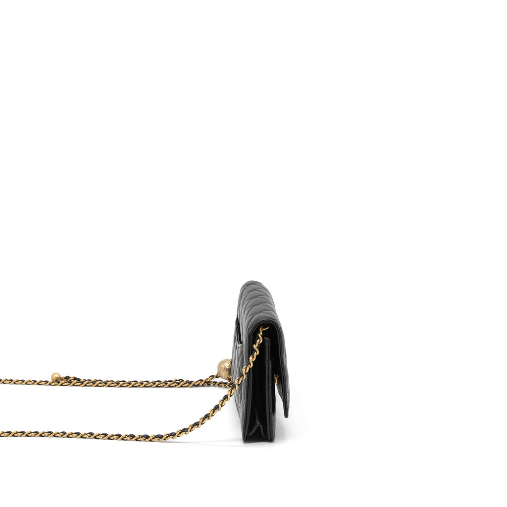 CHANEL PEARL CRUSH WALLET ON CHAIN LAMBSKIN BLACK BRUSHED GHW (MICROCHIP)