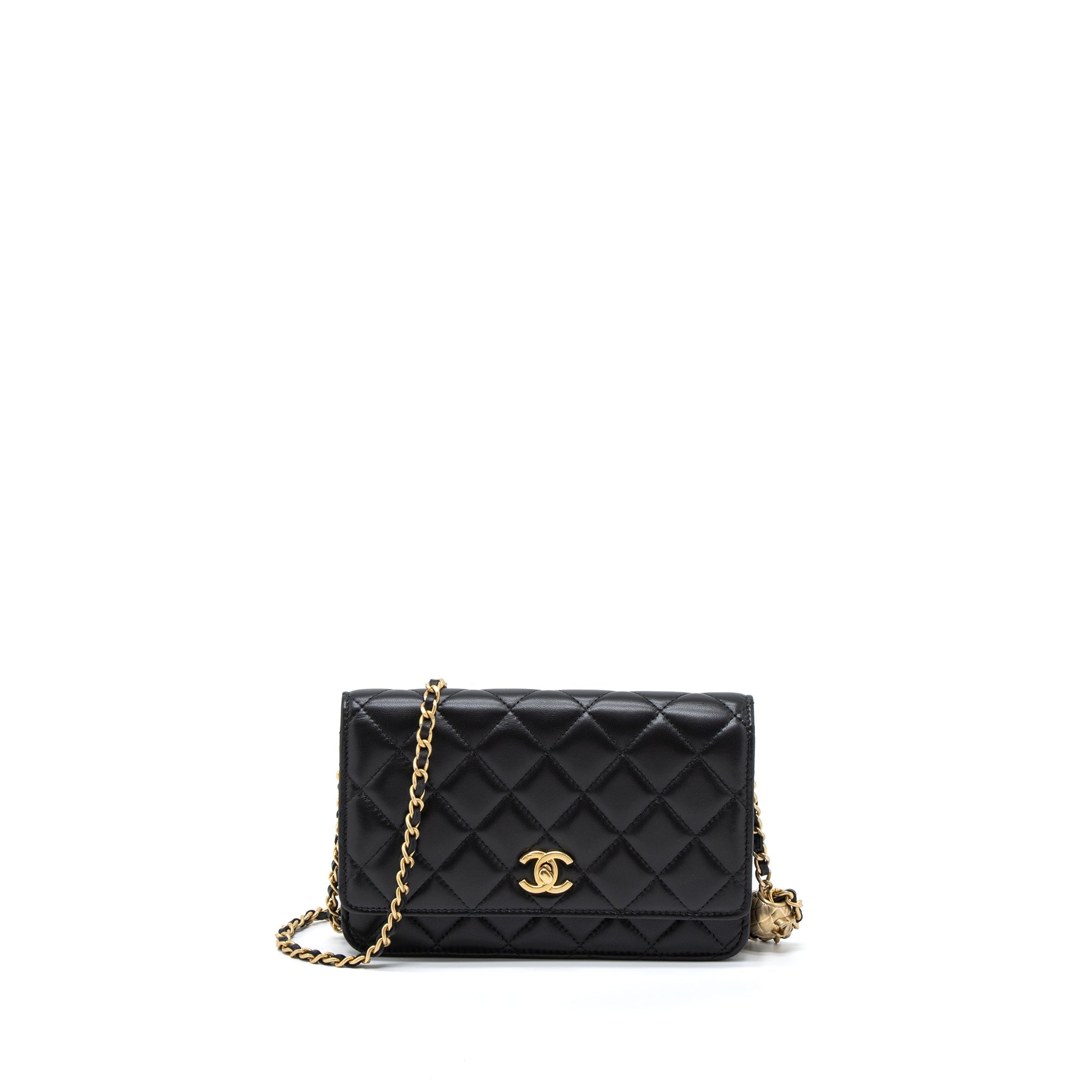 CHANEL PEARL CRUSH WALLET ON CHAIN LAMBSKIN BLACK BRUSHED GHW (MICROCHIP)