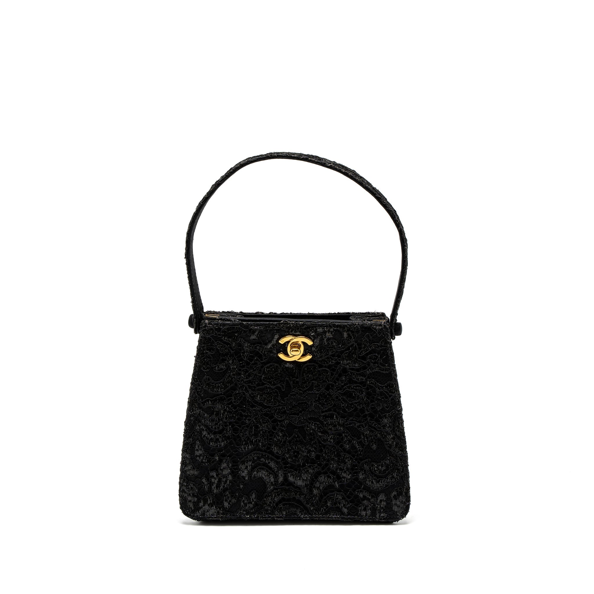 CHANEL VINTAGE DOUBLE SIDED TUMLOCK HANDBAG LACED SATIN BLACK GHW