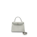 HERMES KELLY 25 CHEVRE MYSORE LEATHER GRIS PERLE / MALACHITE / VERT EMERAUDE BRUSHED SHW