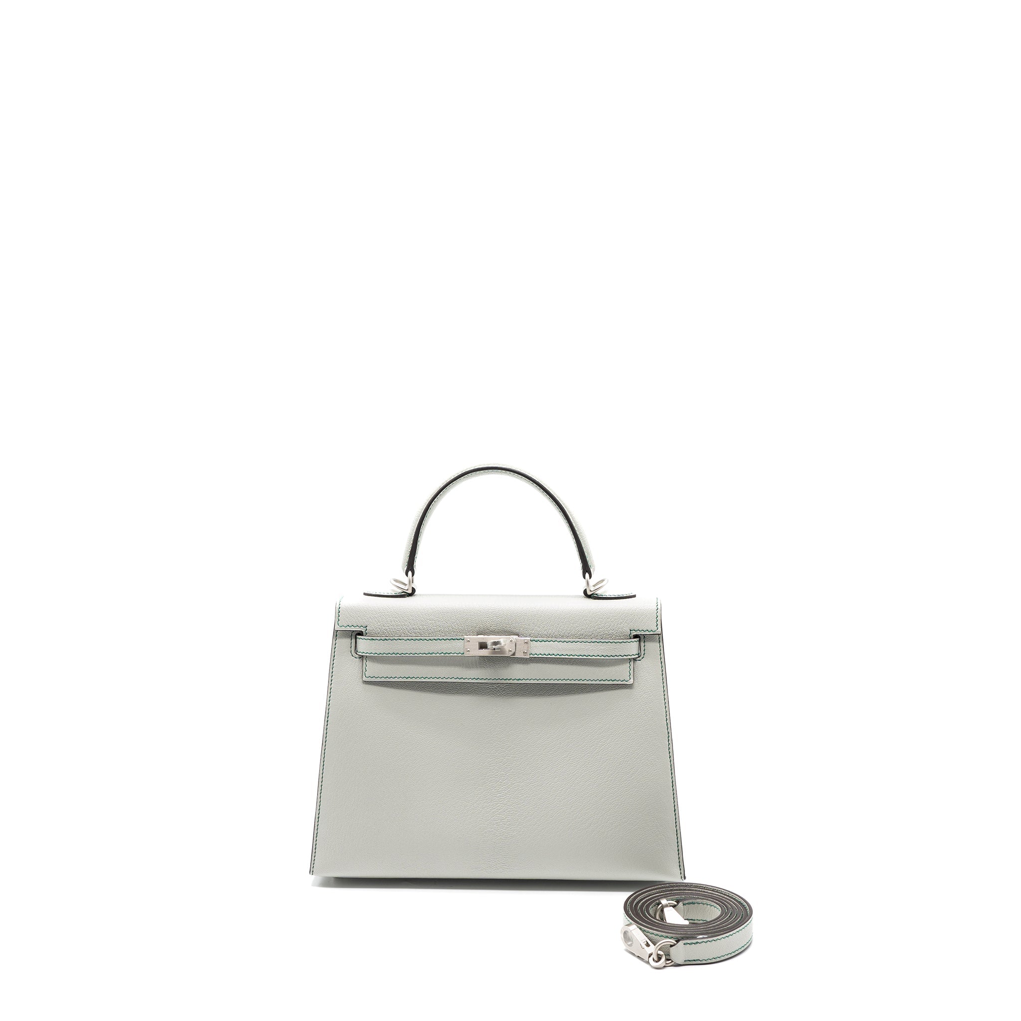 HERMES KELLY 25 CHEVRE MYSORE LEATHER GRIS PERLE / MALACHITE / VERT EMERAUDE BRUSHED SHW