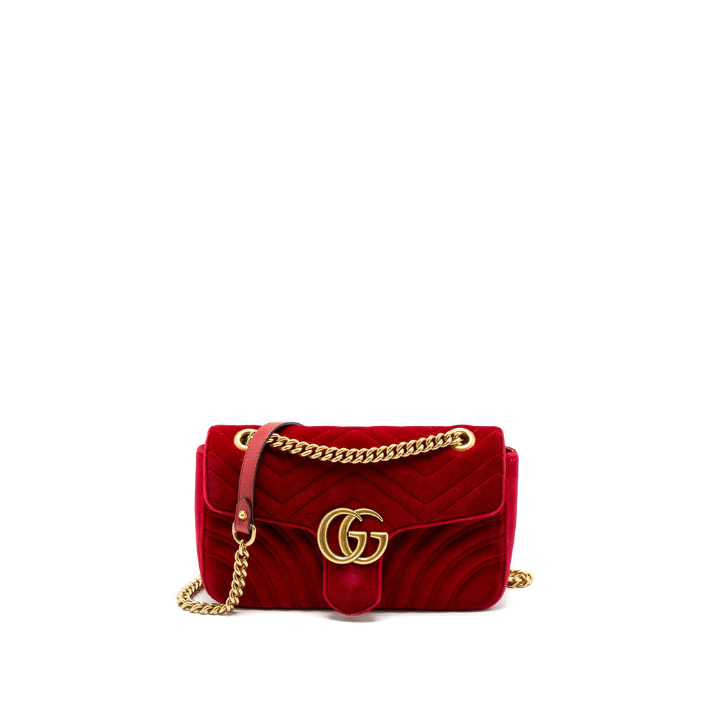 GUCCI SMALL GG MARMONT BAG VELVET RED BRUSHED GHW