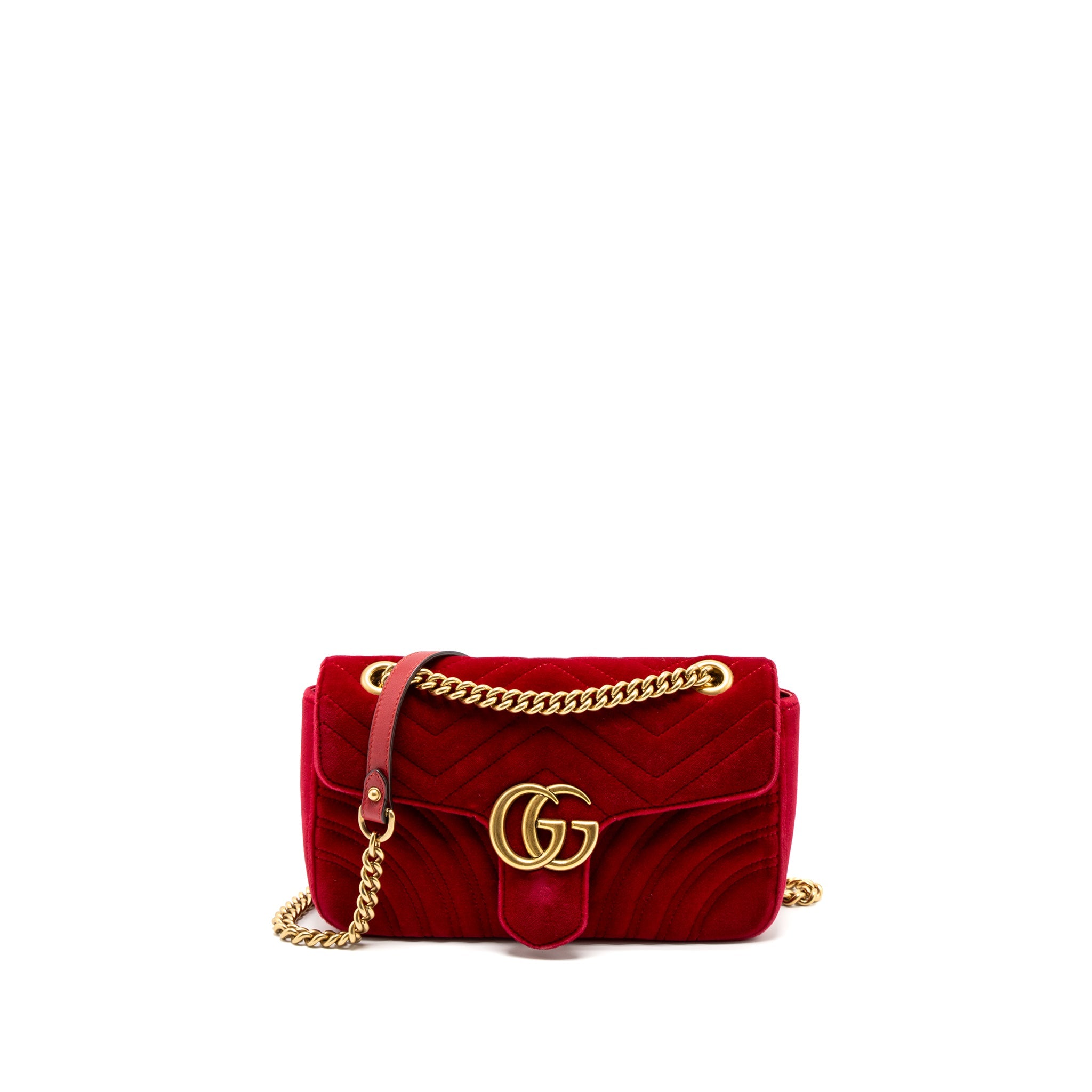 GUCCI SMALL GG MARMONT BAG VELVET RED BRUSHED GHW