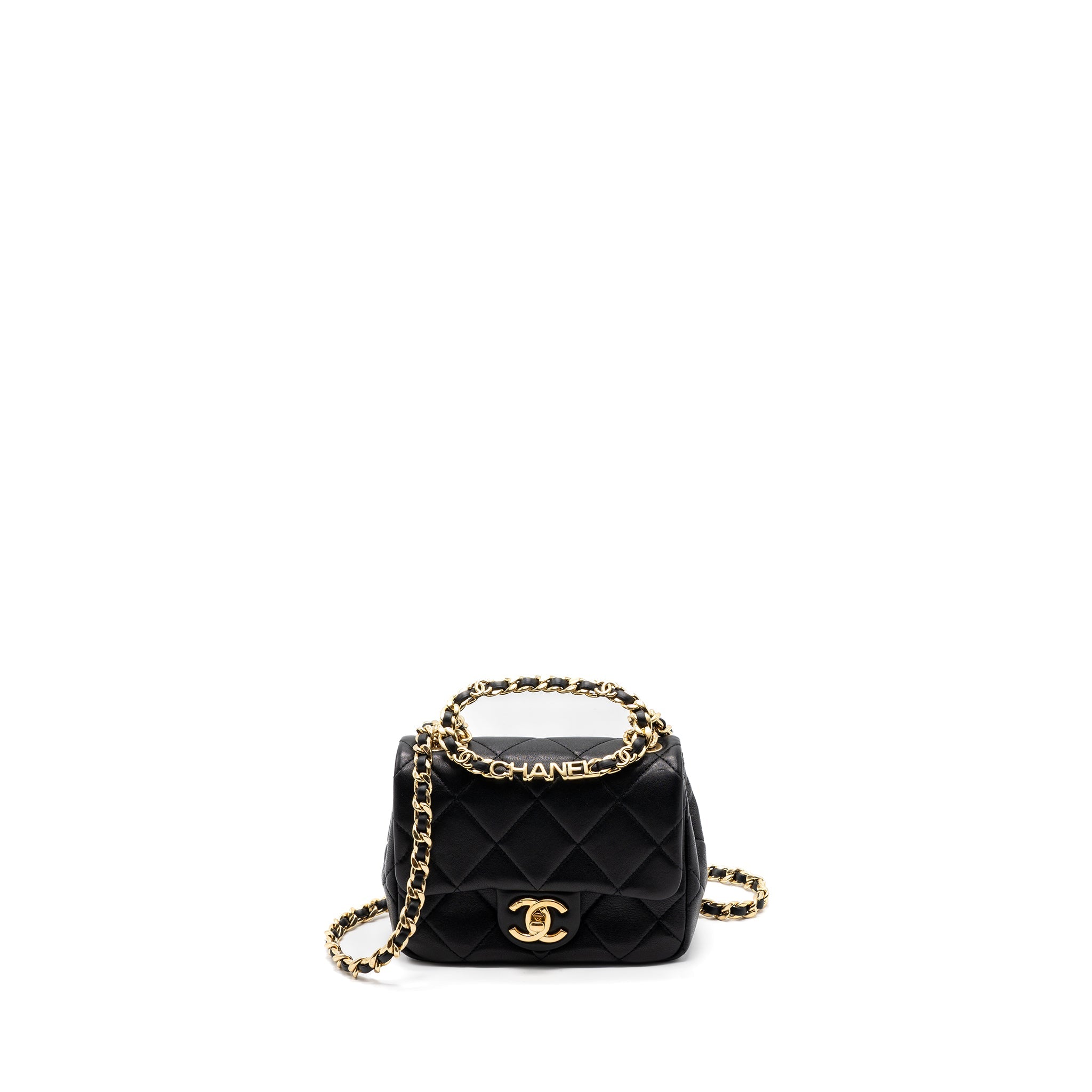 CHANEL ROUND HANDLE MINI SQUARE CROSSBODY BAG LAMBSKIN BRUSHED GHW(MICROCHIP)