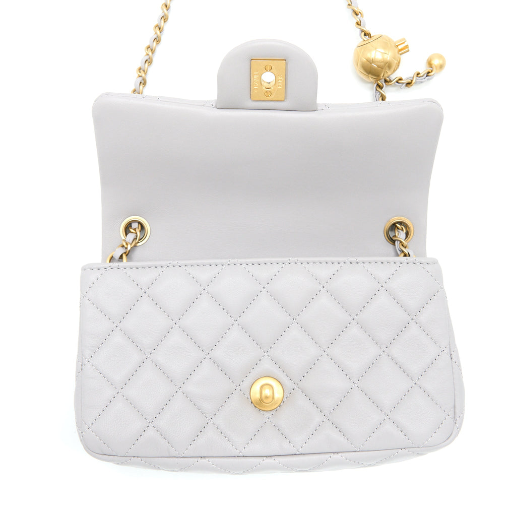 CHANEL PEARL CRUSH MINI RECTANGULAR FLAP BAG LAMBSKIN LIGHT GREY BRUSHED GHW (MICROCHIP)