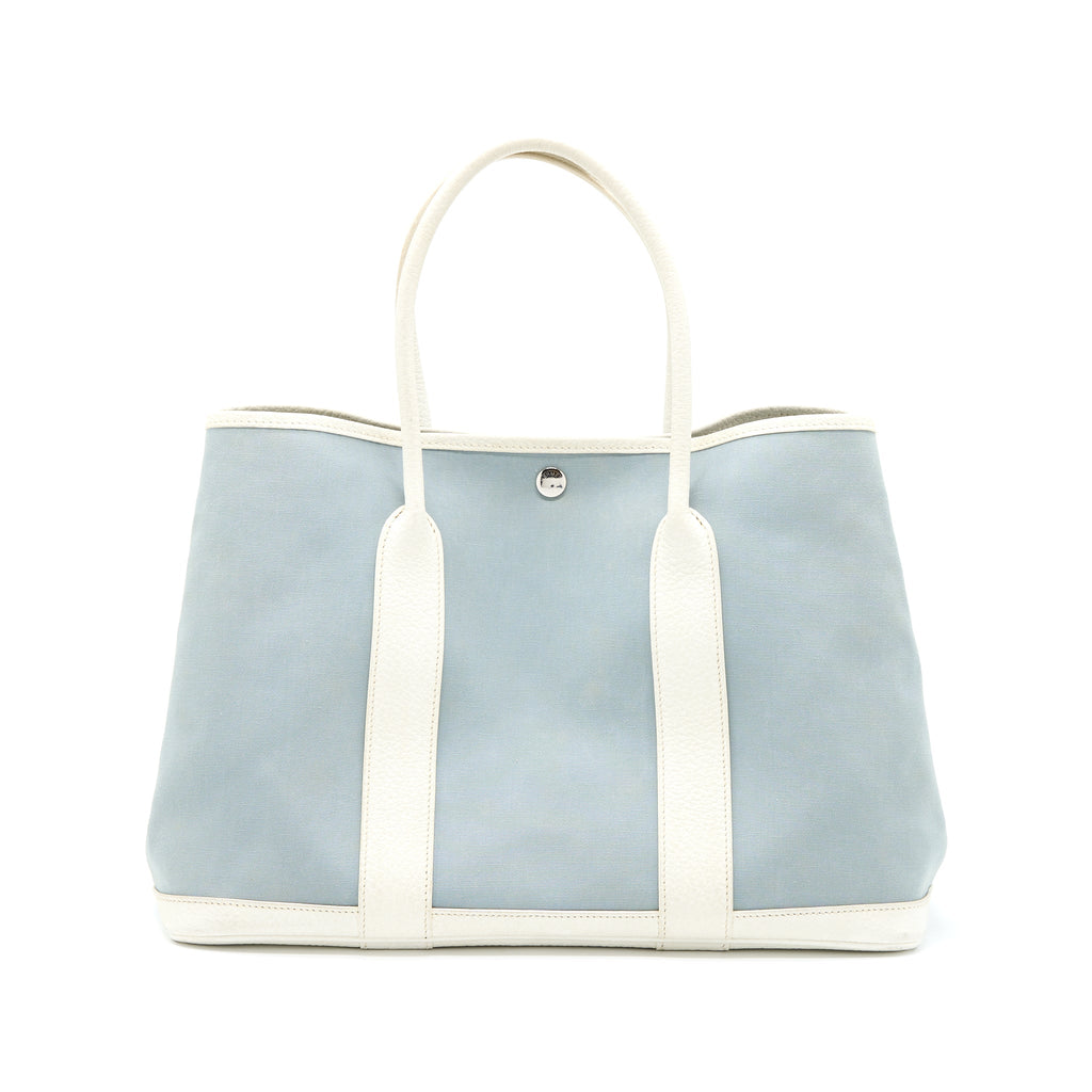 HERMES GARDEN PARTY 36 LEATHER/CANVAS LIGHT BLUE/BLANC SHW