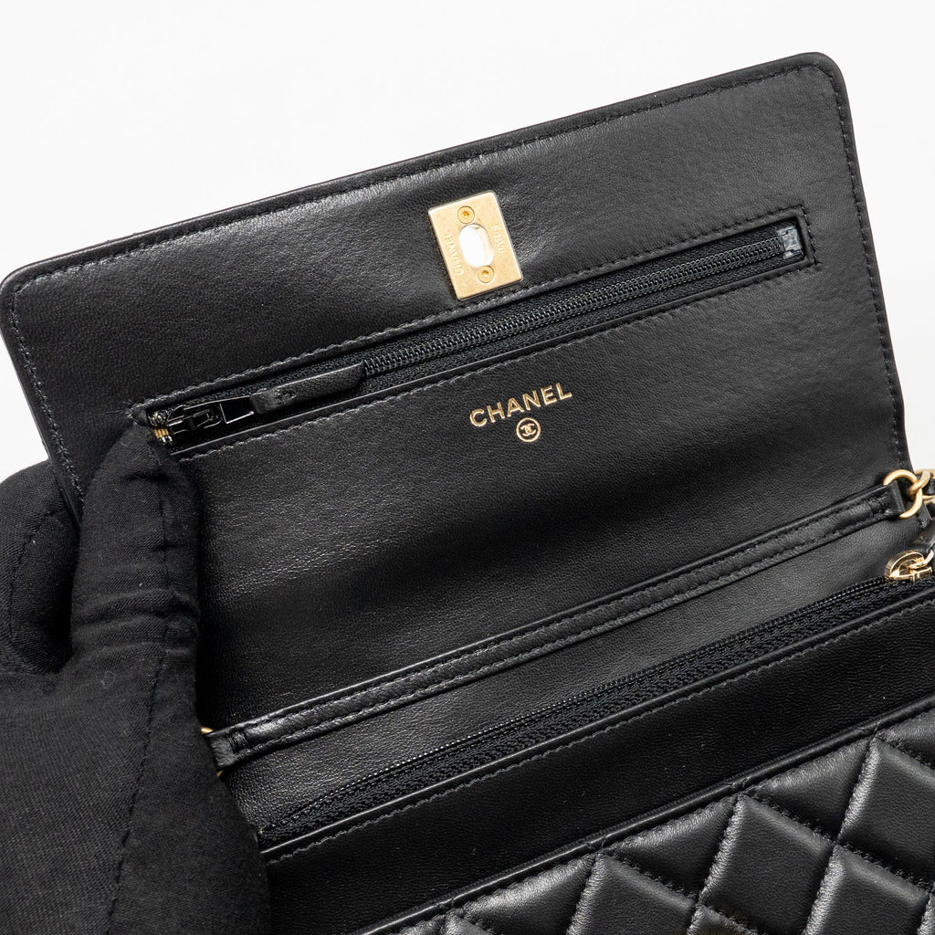 CHANEL PEARL CRUSH WALLET ON CHAIN LAMBSKIN BLACK GHW (MICROCHIP)