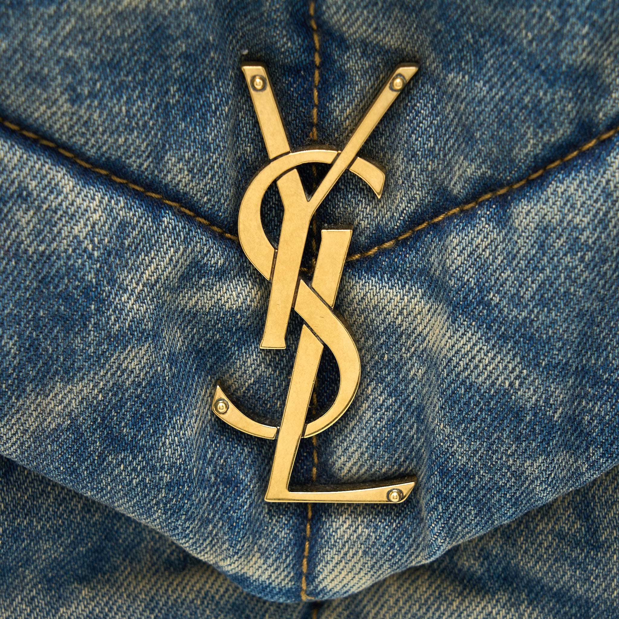 SAINT LAURENT SMALL PUFFER CHAIN BAG DENIM/SUEDE BLUE RUTHENIUM GHW