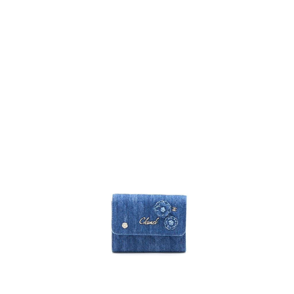 CHANEL FLAP CARD HOLDER CAMELLIA DENIM BLUE SHW