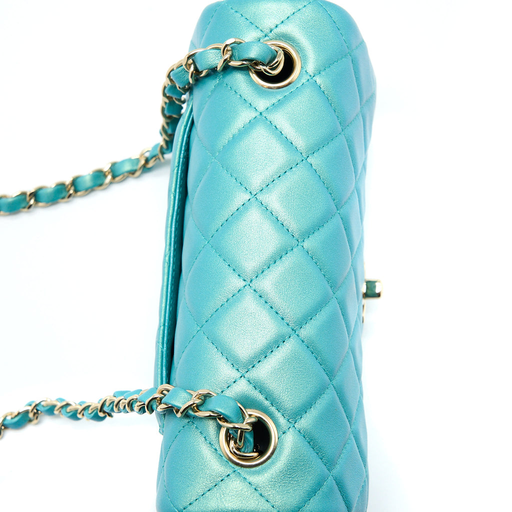 CHANEL 21S MINI RECTANGULAR FLAP BAG CALFSKIN IRIDESCENT GREEN LGHW