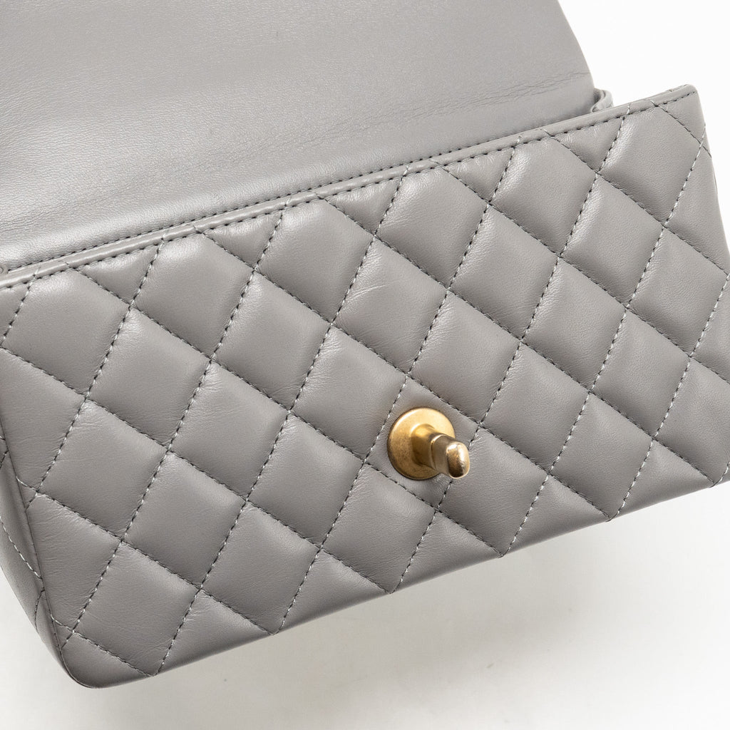 CHANEL 22K METAL TOP HANDLE MINI RECTANGULAR FLAP BAG LAMBSKIN GREY GHW (MICROCHIP)