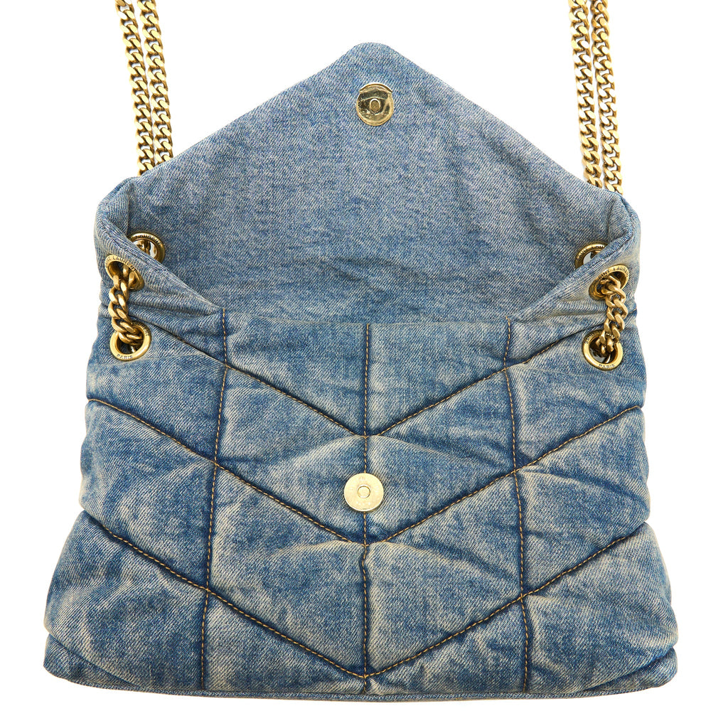 SAINT LAURENT SMALL PUFFER CHAIN BAG DENIM/SUEDE BLUE RUTHENIUM GHW