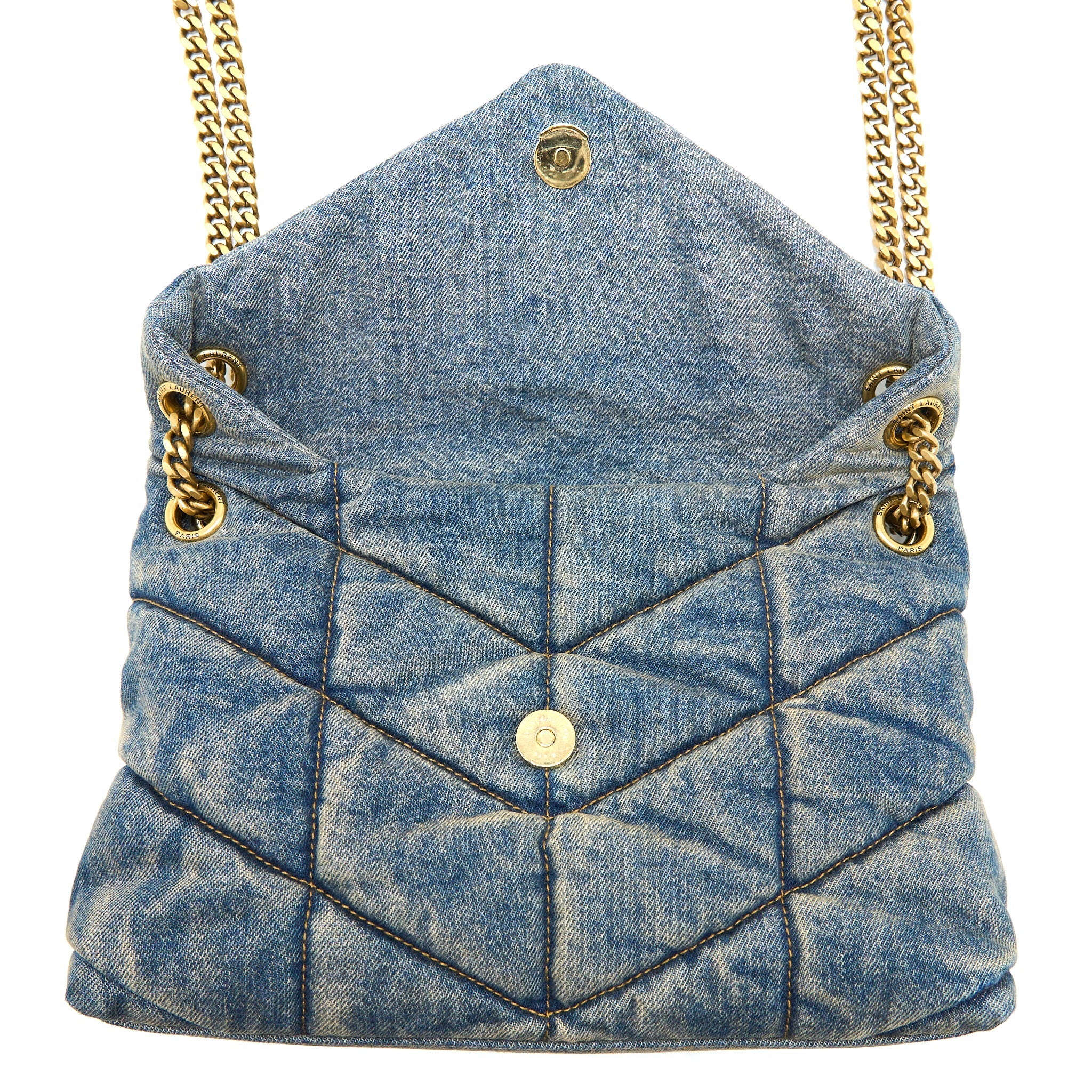 SAINT LAURENT SMALL PUFFER CHAIN BAG DENIM/SUEDE BLUE RUTHENIUM GHW