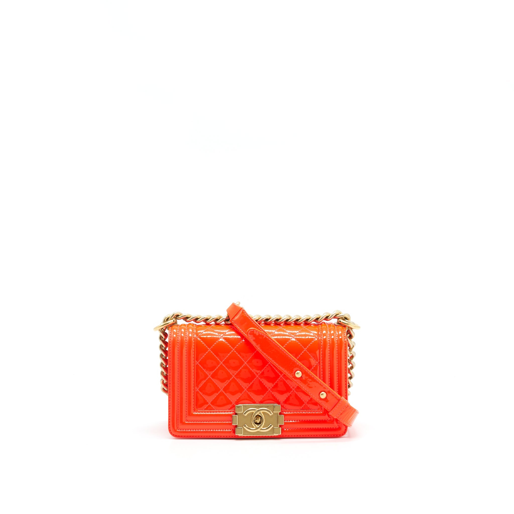 CHANEL SMALL BOY BAG PATENT LEATHER BRIGHT ORANGE GHW
