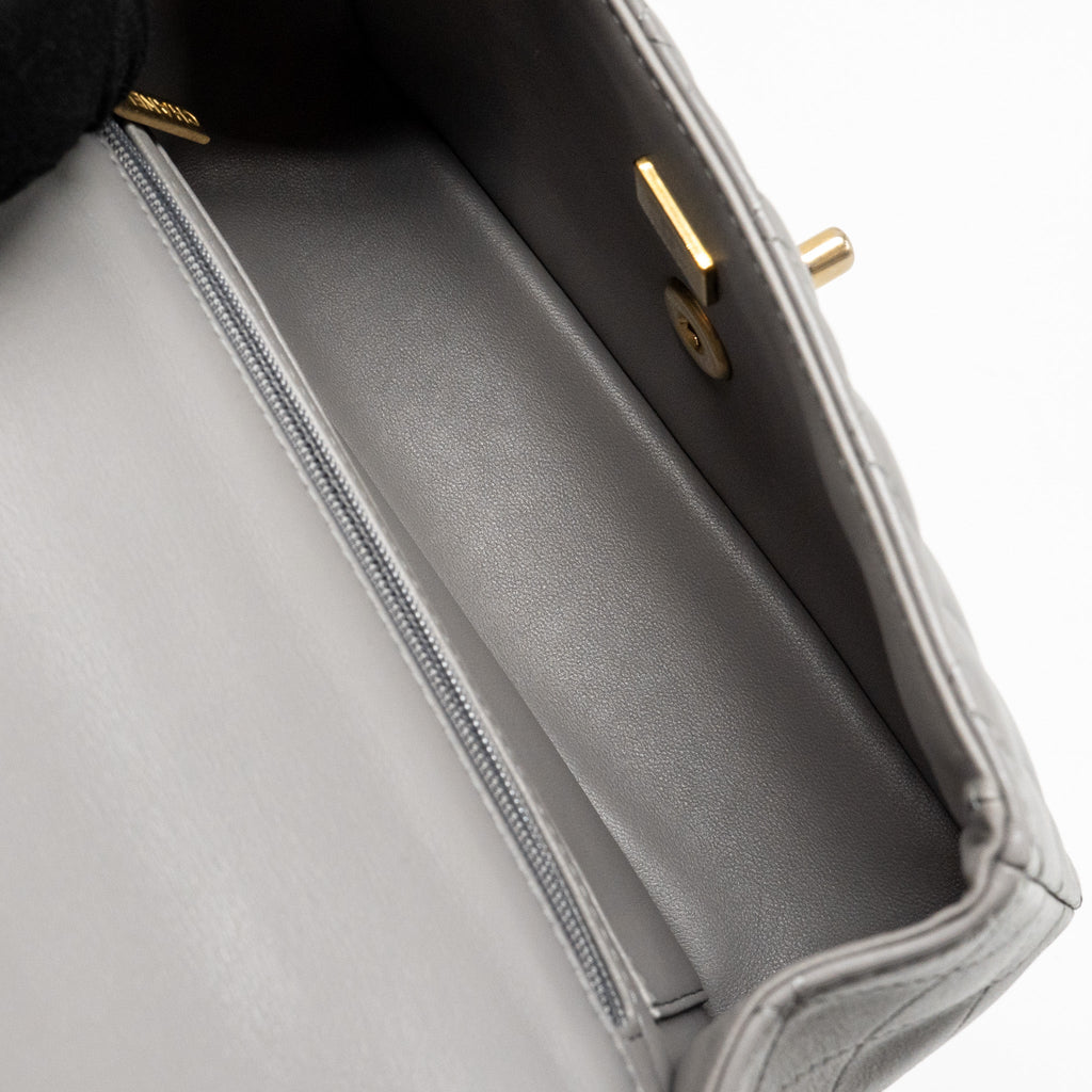 CHANEL 22K METAL TOP HANDLE MINI RECTANGULAR FLAP BAG LAMBSKIN GREY GHW (MICROCHIP)