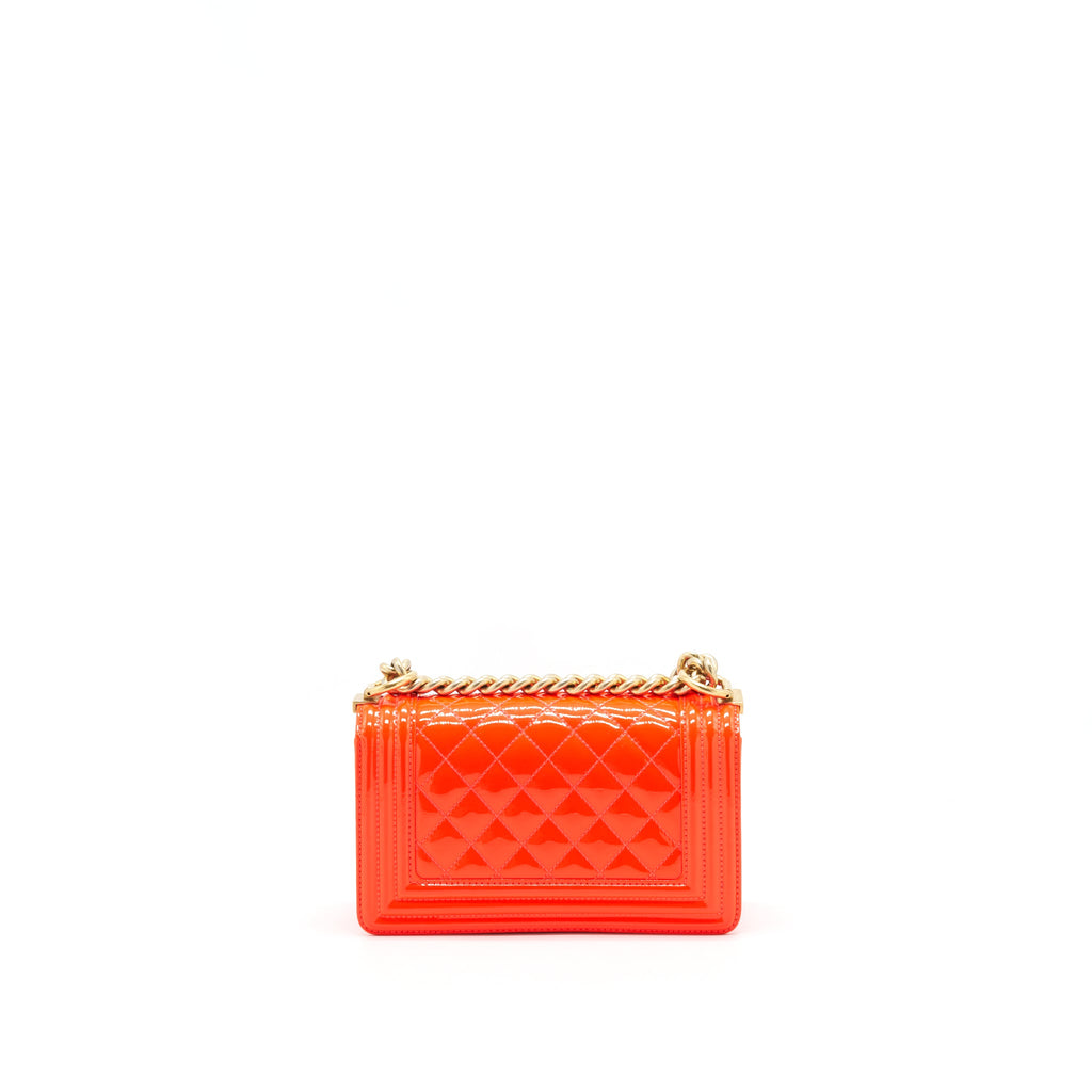 CHANEL SMALL BOY BAG PATENT LEATHER BRIGHT ORANGE GHW