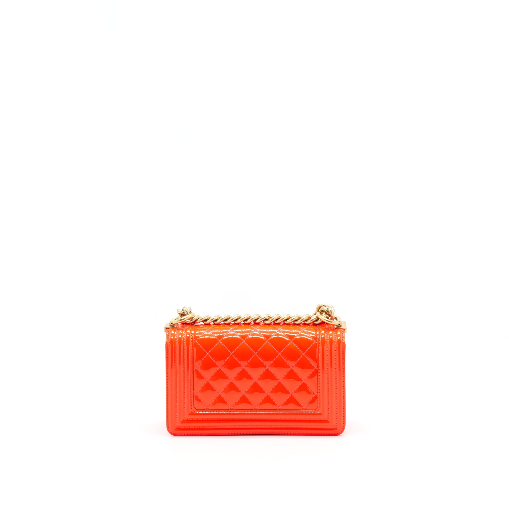 CHANEL SMALL BOY BAG PATENT LEATHER BRIGHT ORANGE GHW