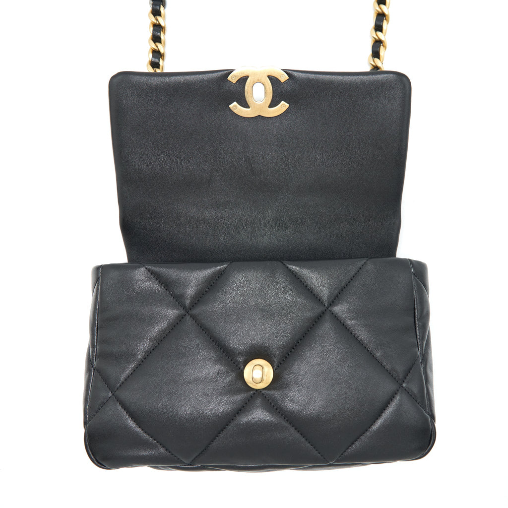 CHANEL SMALL 19 BAG LAMBSKIN BLACK WITH GOLD AND SILVER HARDWARE