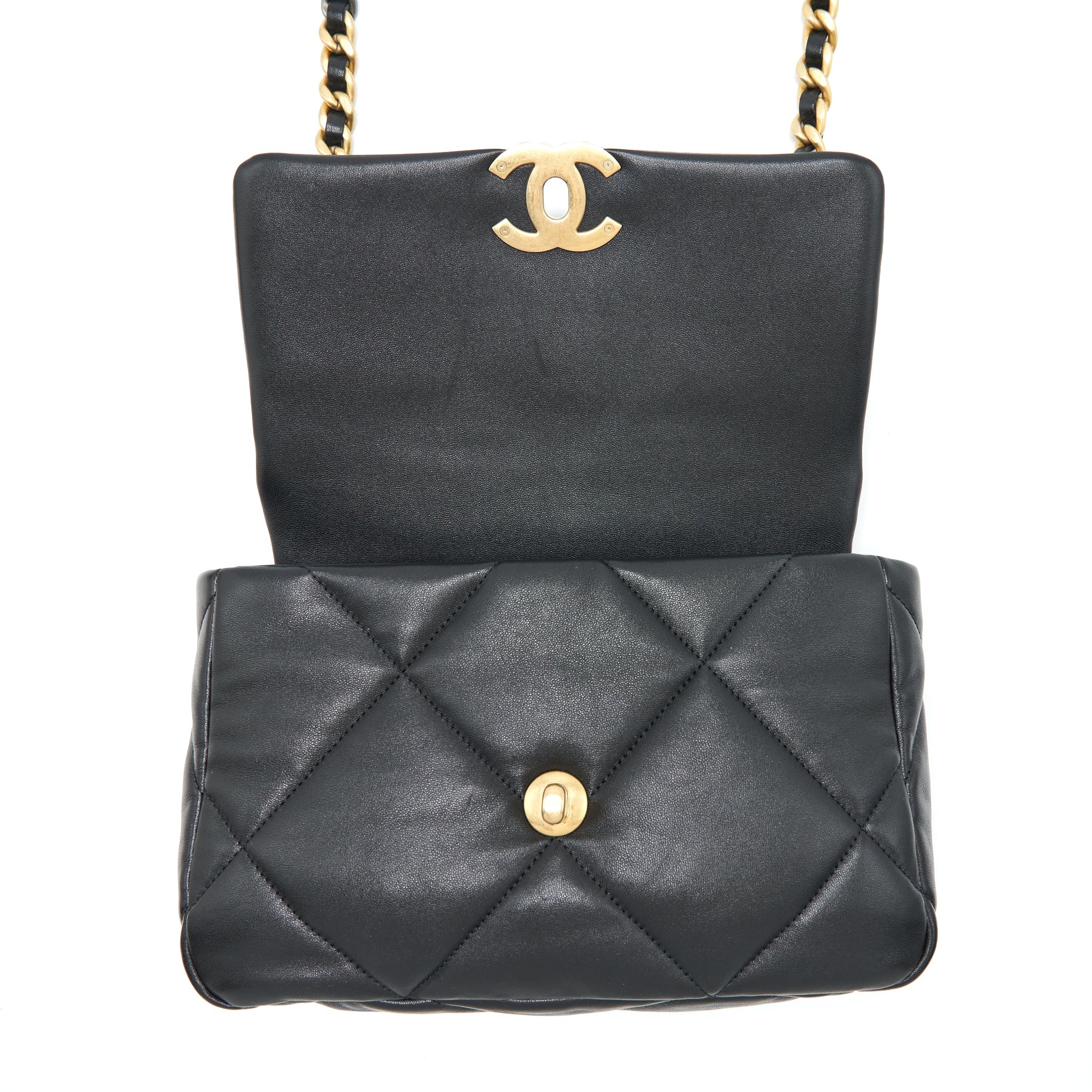 CHANEL SMALL 19 BAG LAMBSKIN BLACK WITH GOLD AND SILVER HARDWARE
