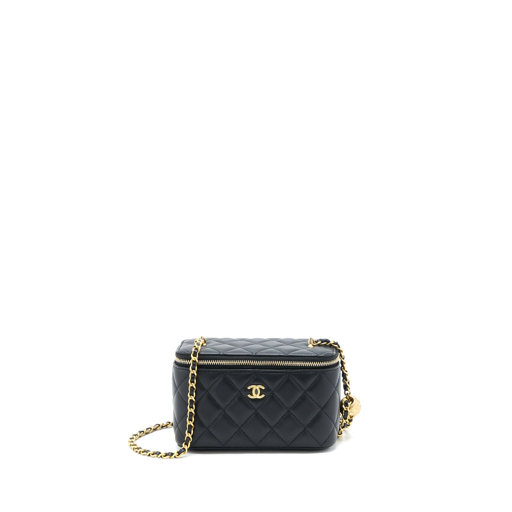 CHANEL PEARL CRUSH LONG VANITY CASE LAMBSKIN BLACK GHW (MICROCHIP)