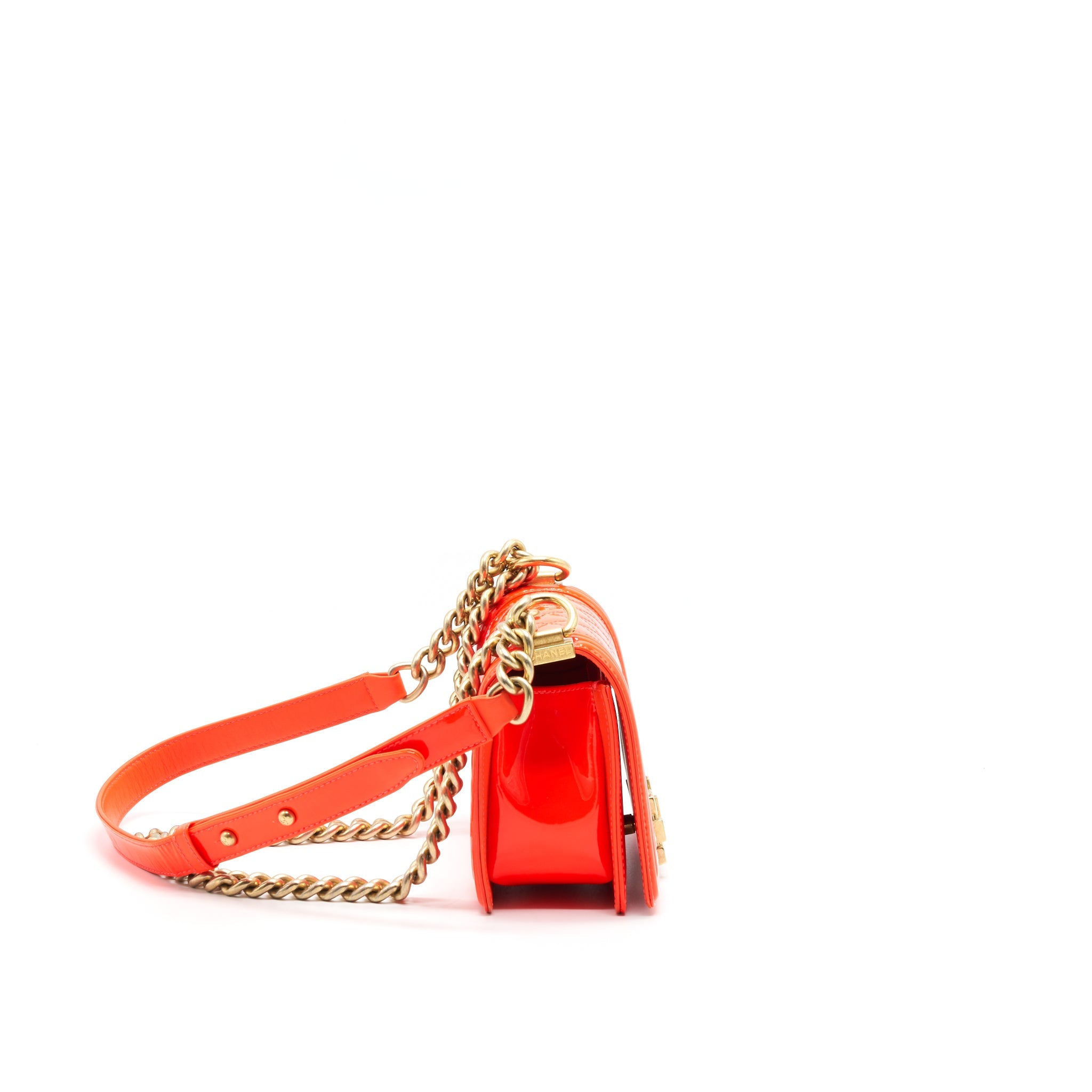 CHANEL SMALL BOY BAG PATENT LEATHER BRIGHT ORANGE GHW