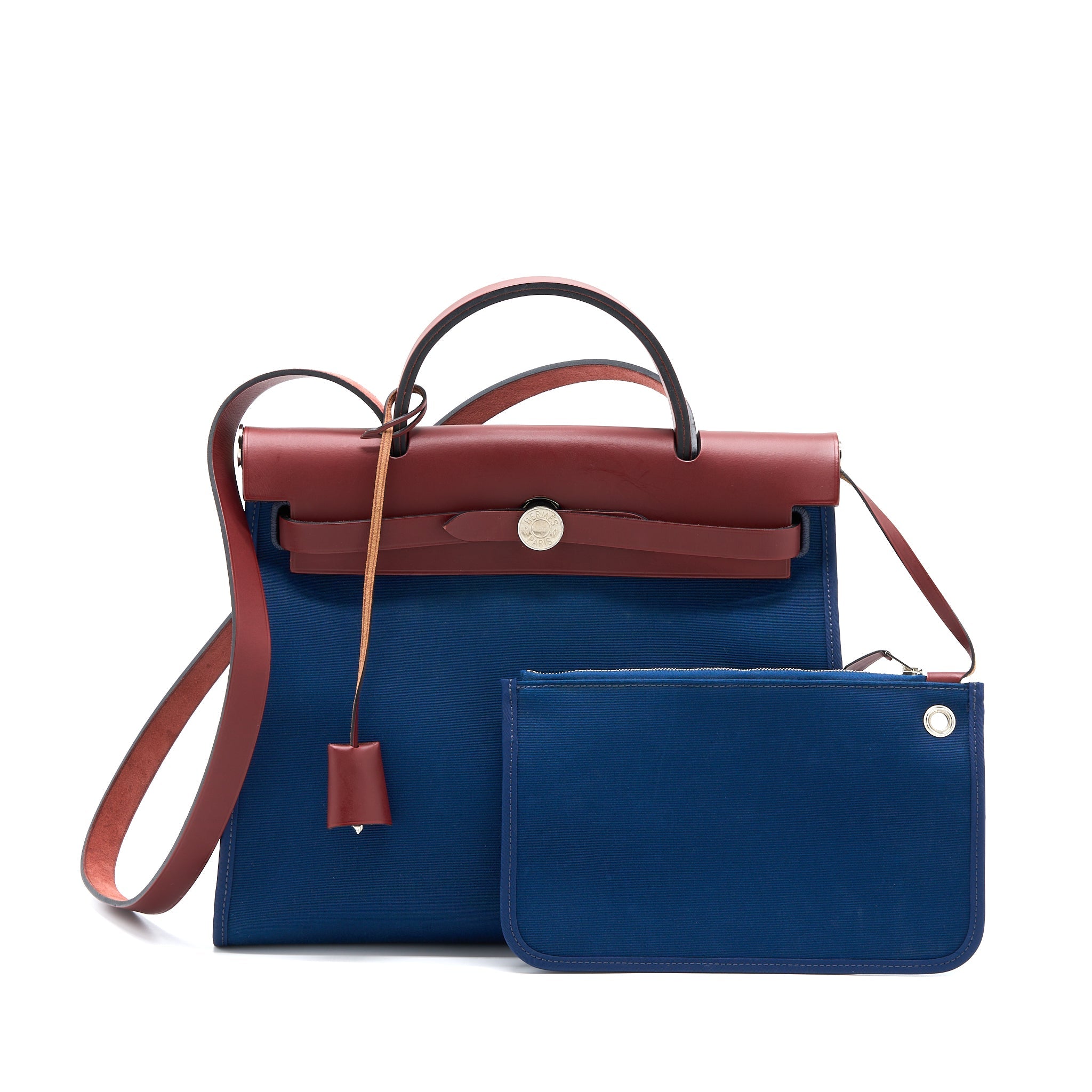 HERMES HERBAG ZIP 31 LEATHER/CANVAS BLUE/RED SHW