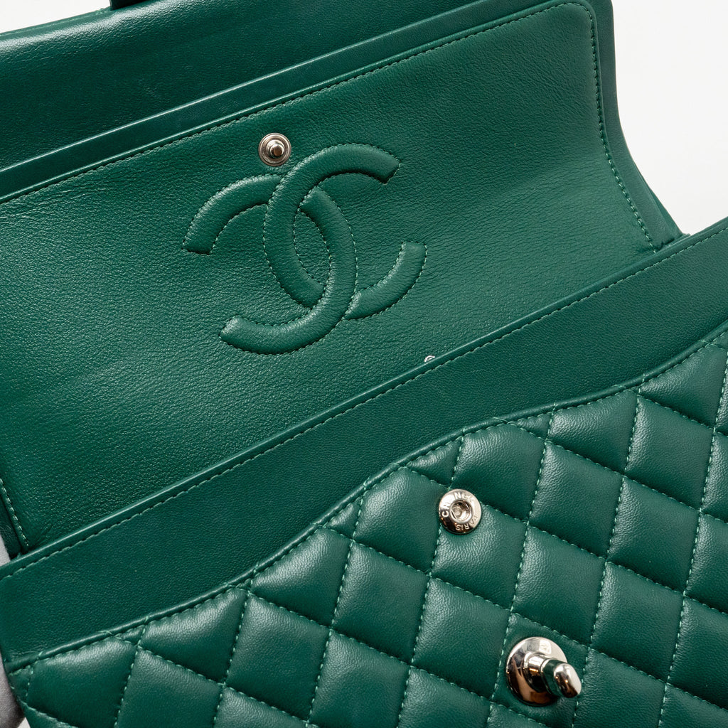 CHANEL MEDIUM CLASSIC DOUBLE FLAP BAG LAMBSKIN GREEN SHW