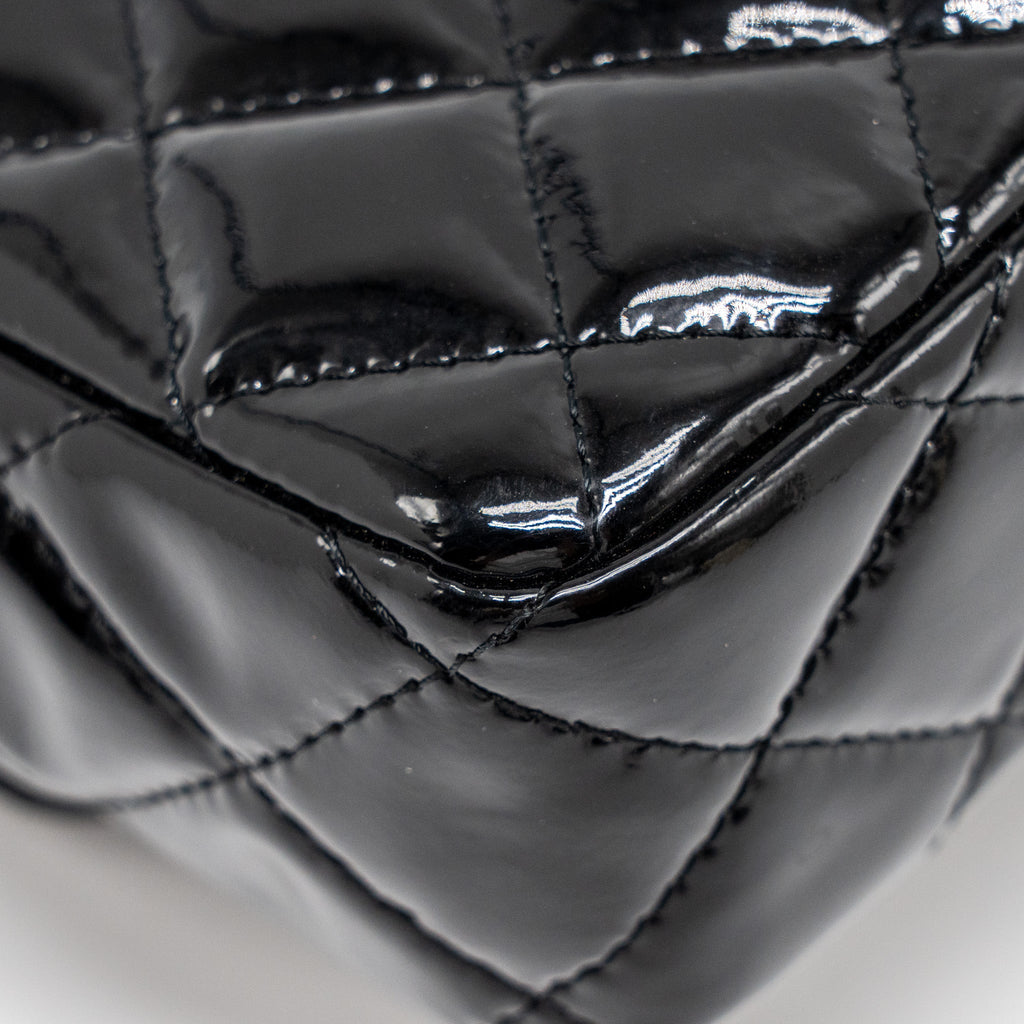 CHANEL EAST WEST FLAP SHOULDER BAG PATENT LEATHER BLACK SHW