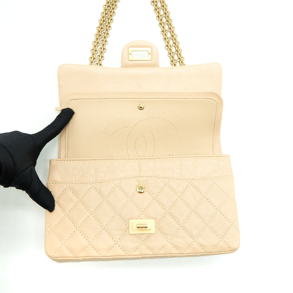 CHANEL 2.55 225 REISSUE DOUBLE FLAP BAG CALFSKIN LIGHT BEIGE GHW