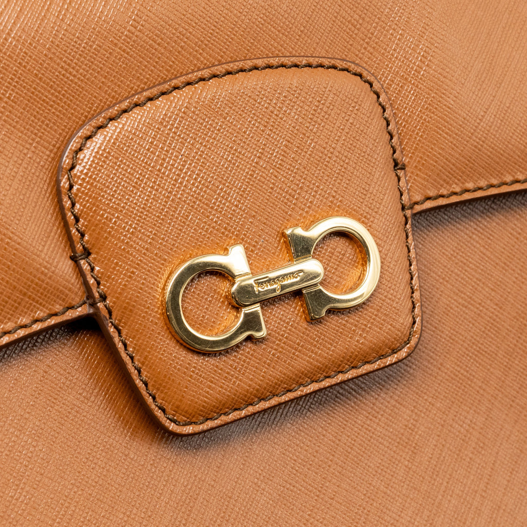 SALVATORE FERRAGAMO TOP HANDLE GANCINI BAG CALFSKIN TAN GHW