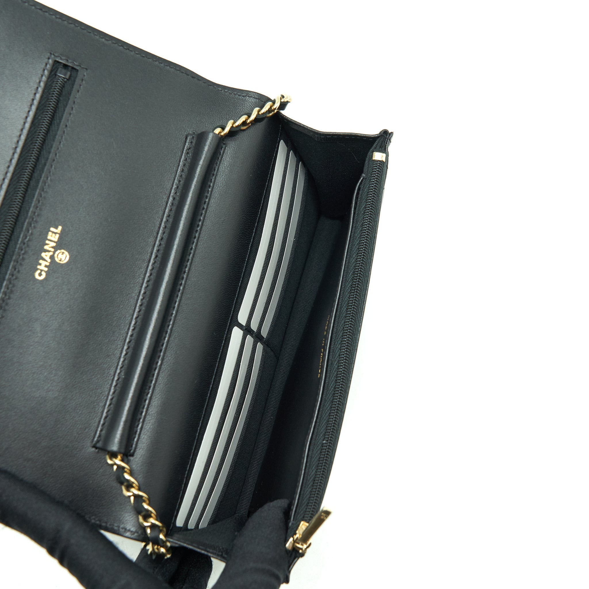 CHANEL RIBBON WALLET ON CHAIN LAMBSKIN BLACK LGHW (MICROCHIP)