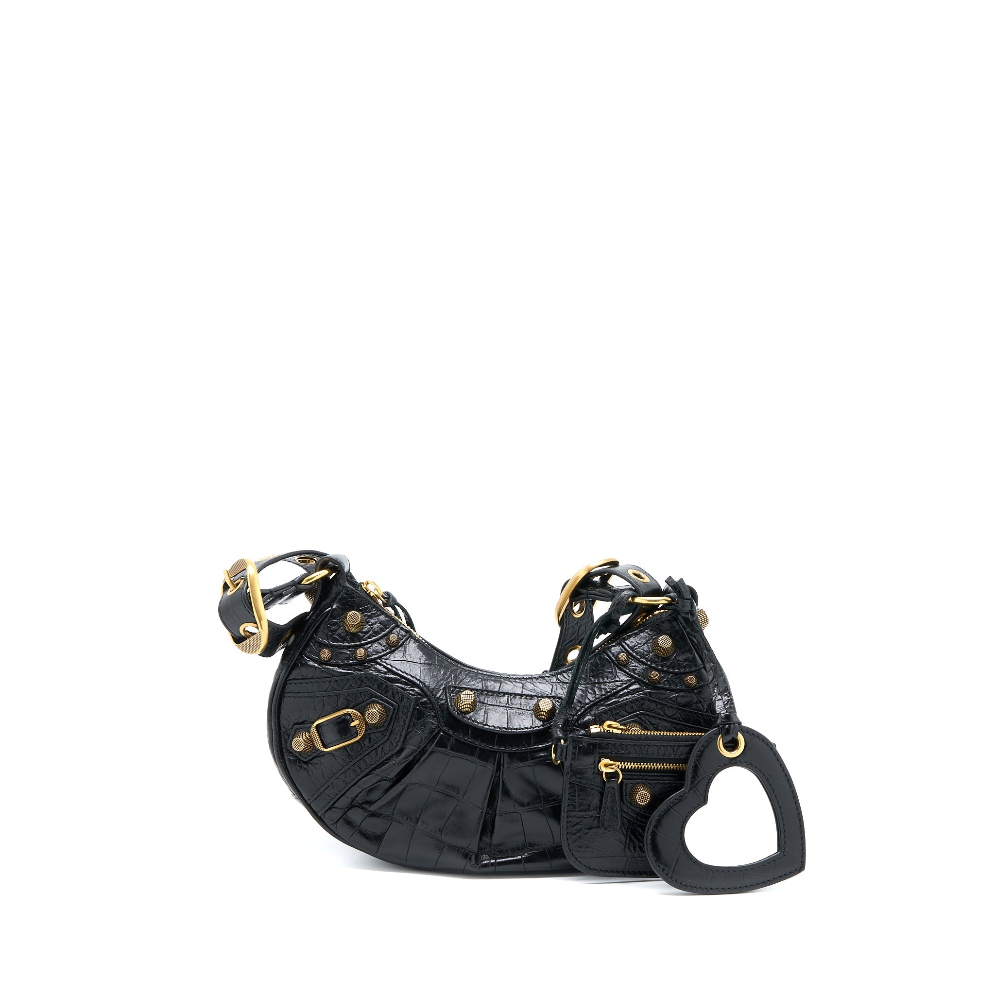 BALENCIAGA LE CAGOLE XS SHOULDER BAG CROC-EMBOSSED CALFSKIN BLACK AGED-GOLD HARDWARE