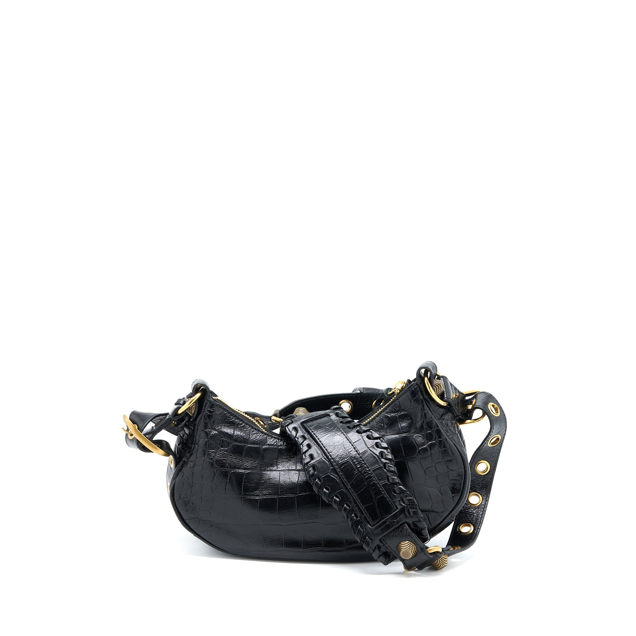 BALENCIAGA LE CAGOLE XS SHOULDER BAG CROC-EMBOSSED CALFSKIN BLACK AGED-GOLD HARDWARE
