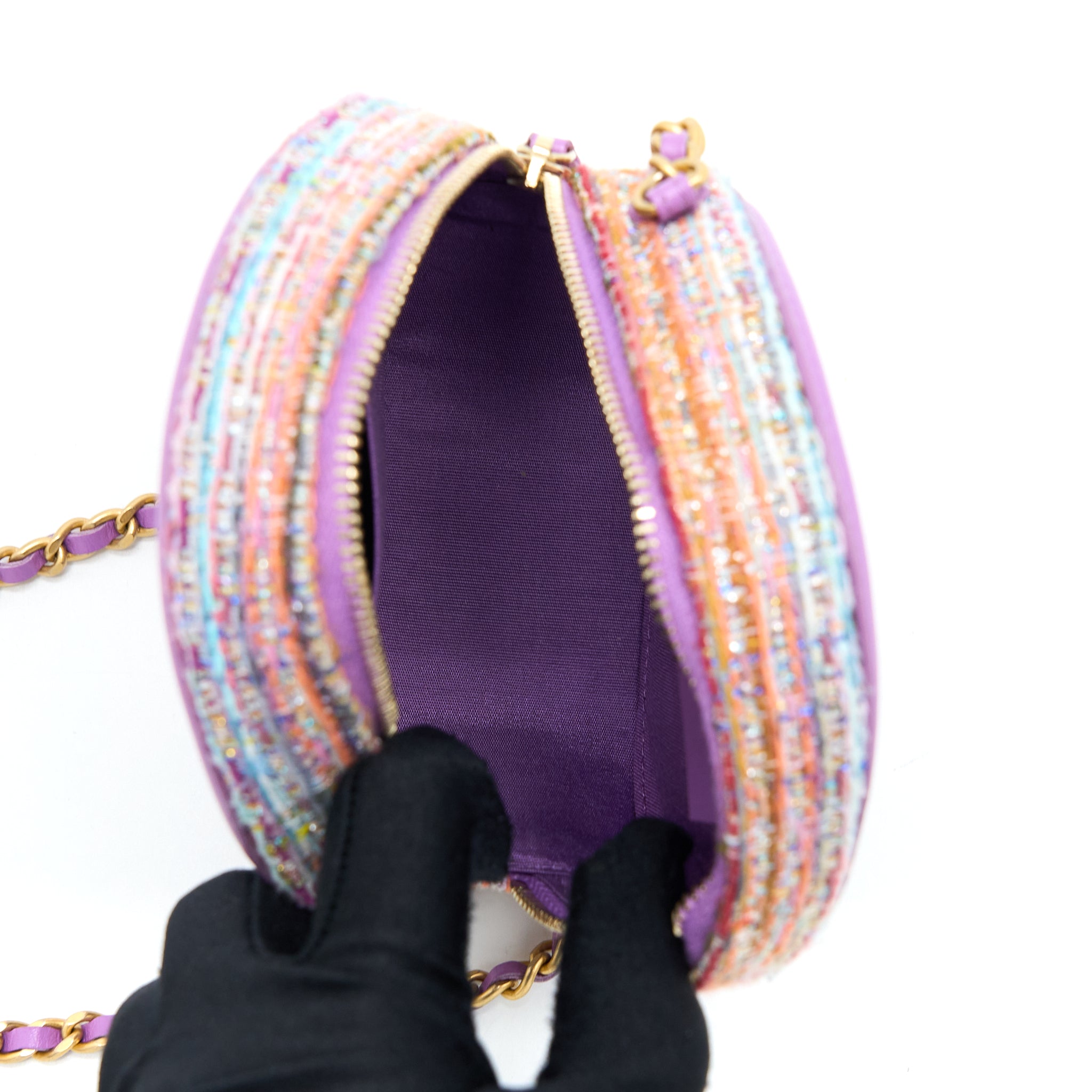 CHANEL ROUND CLUTCH WITH CHAIN LAMBSKIN/TWEED MULTICOLOUR GHW